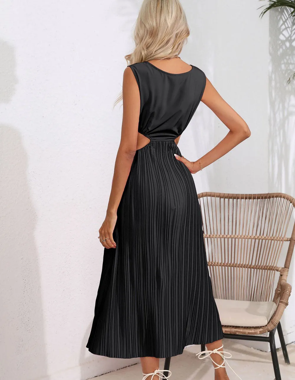 Plain Solid-color High Waist Round Neck Hollow Out Midi A-Line Dresses