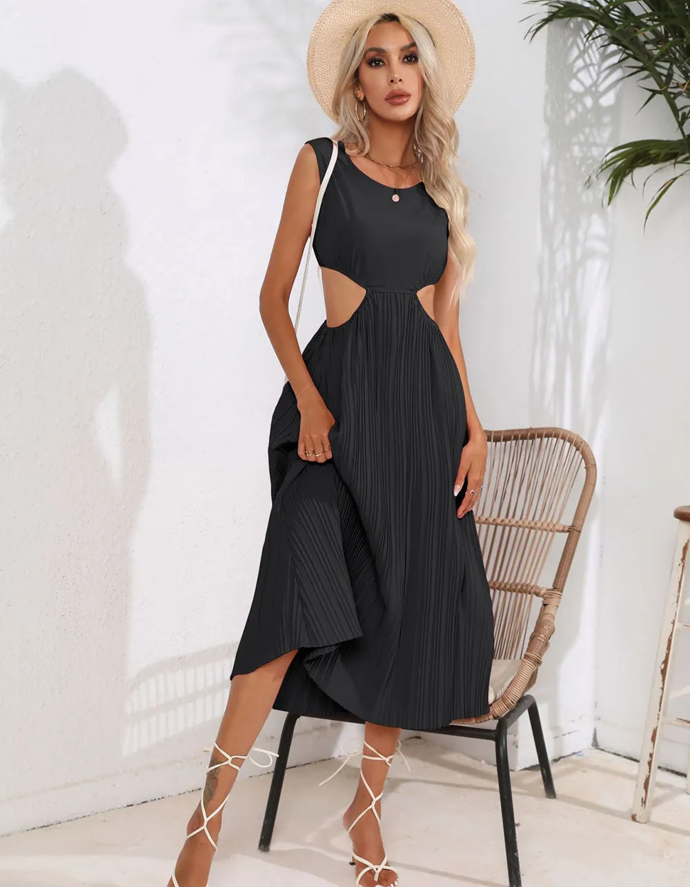 Plain Solid-color High Waist Round Neck Hollow Out Midi A-Line Dresses