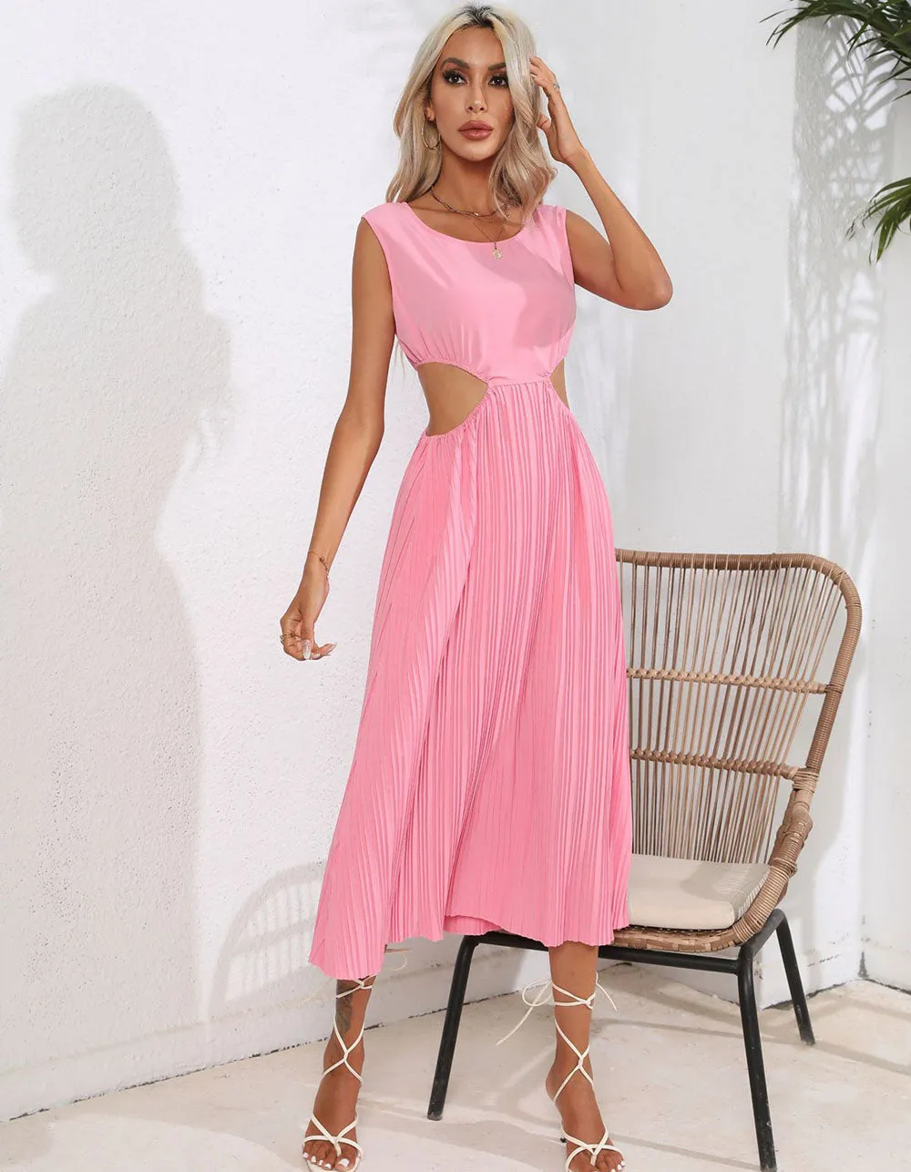 Plain Solid-color High Waist Round Neck Hollow Out Midi A-Line Dresses