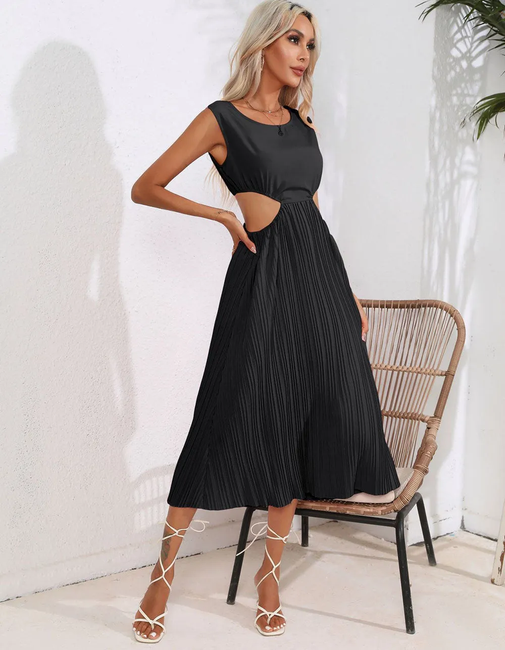 Plain Solid-color High Waist Round Neck Hollow Out Midi A-Line Dresses