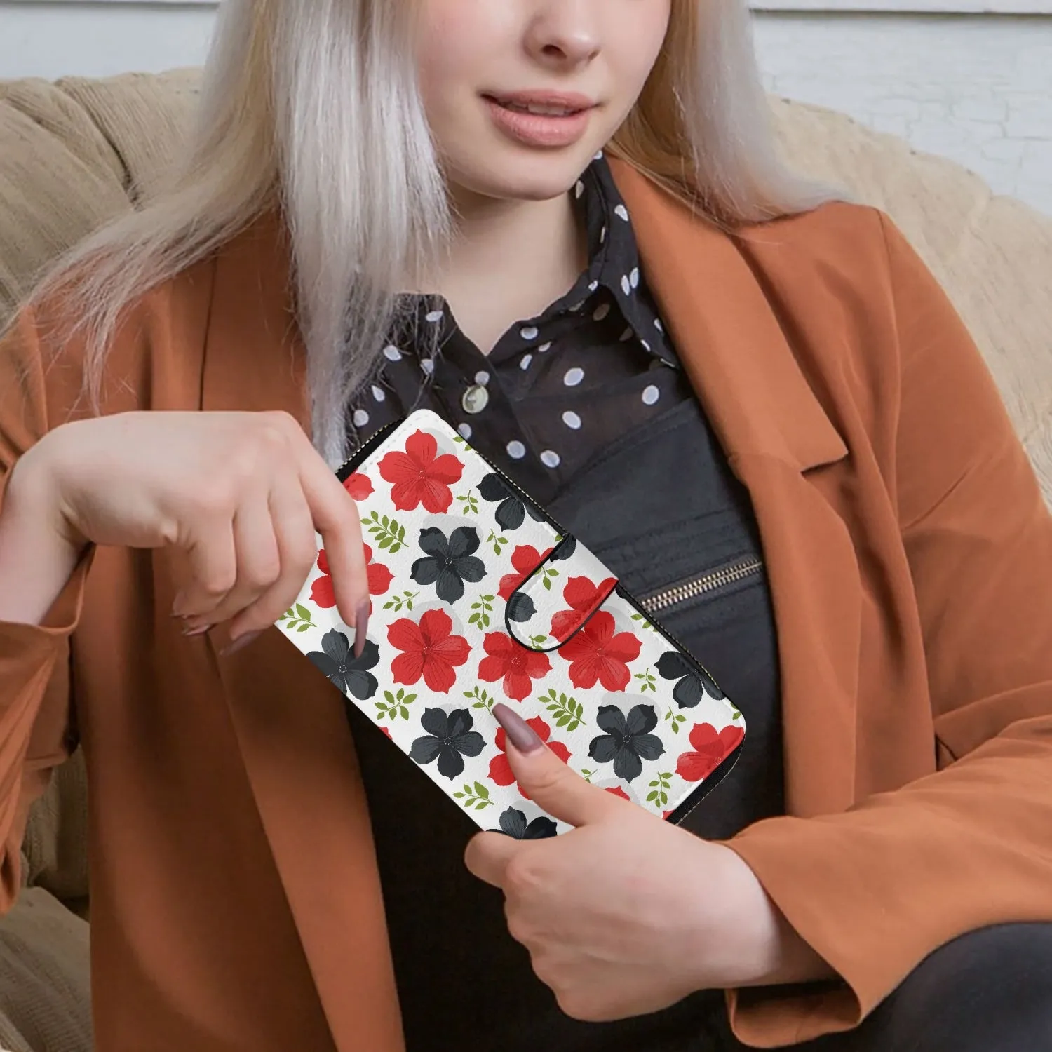 Portefeuille à rabat long "Fleurs rouges et noires" (728)