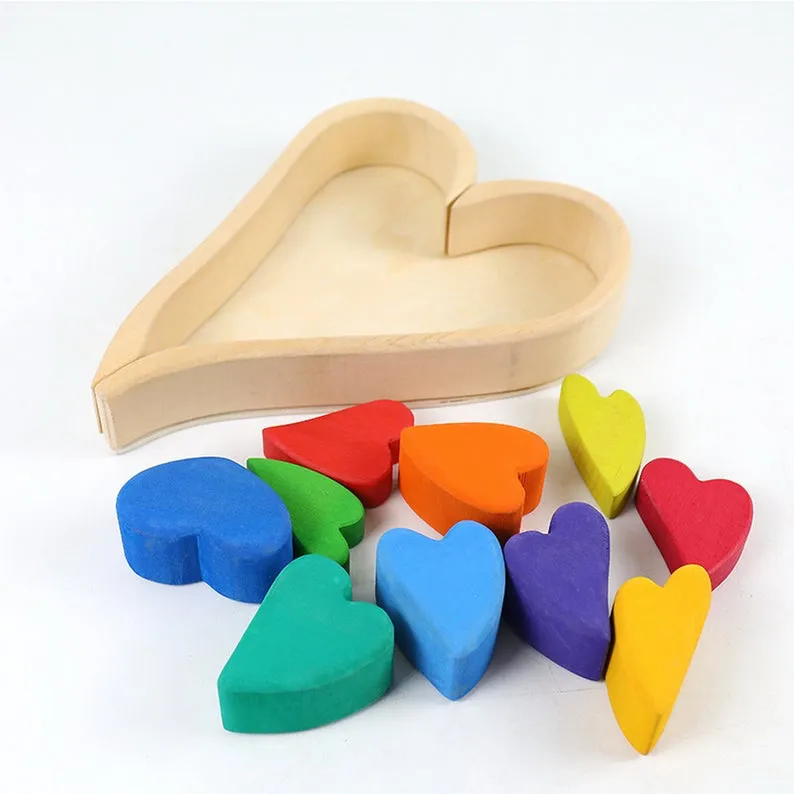 **Pre-order (Ships in 2-3 Weeks)**10 Pcs STAINED Rainbow Heart-shaped Wooden Stacking Puzzle Blocks