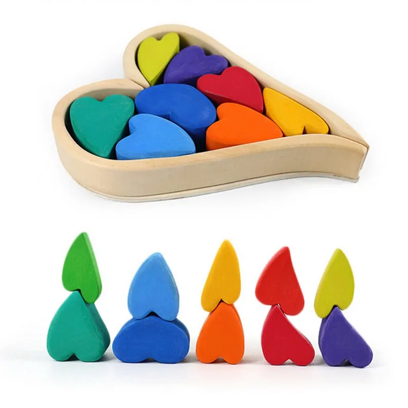 **Pre-order (Ships in 2-3 Weeks)**10 Pcs STAINED Rainbow Heart-shaped Wooden Stacking Puzzle Blocks