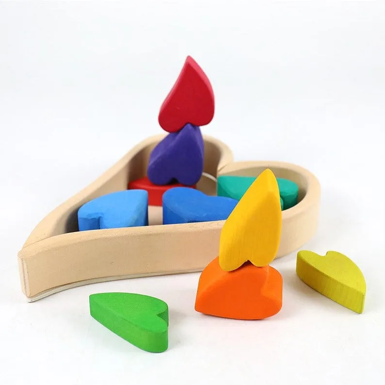 **Pre-order (Ships in 2-3 Weeks)**10 Pcs STAINED Rainbow Heart-shaped Wooden Stacking Puzzle Blocks