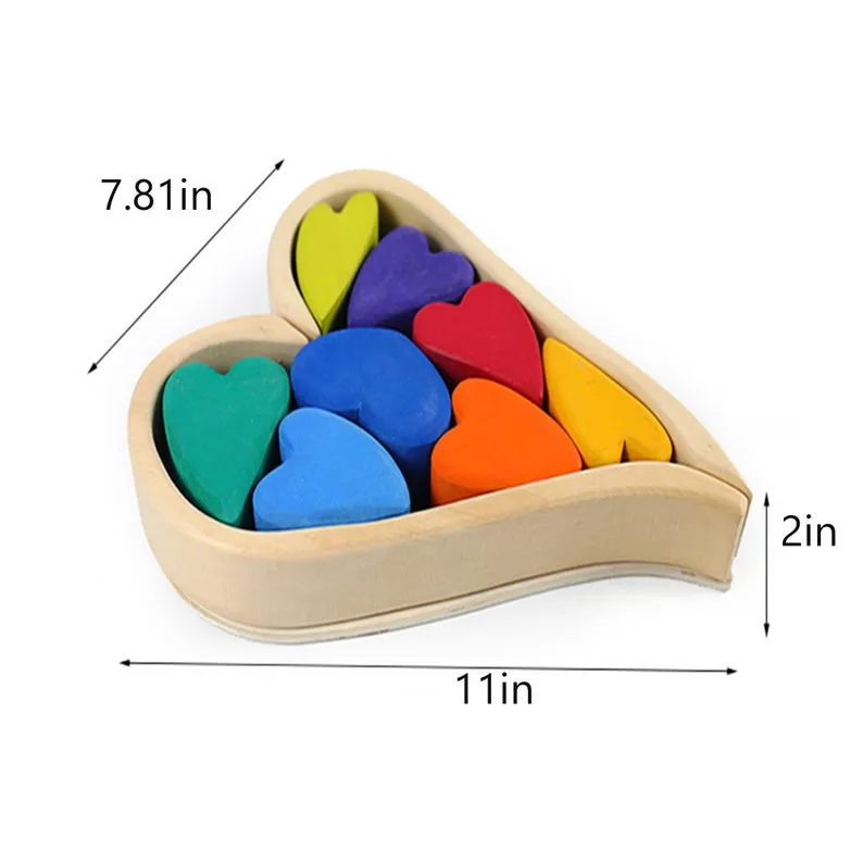 **Pre-order (Ships in 2-3 Weeks)**10 Pcs STAINED Rainbow Heart-shaped Wooden Stacking Puzzle Blocks