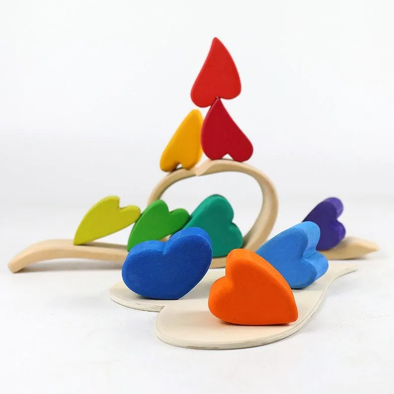**Pre-order (Ships in 2-3 Weeks)**10 Pcs STAINED Rainbow Heart-shaped Wooden Stacking Puzzle Blocks