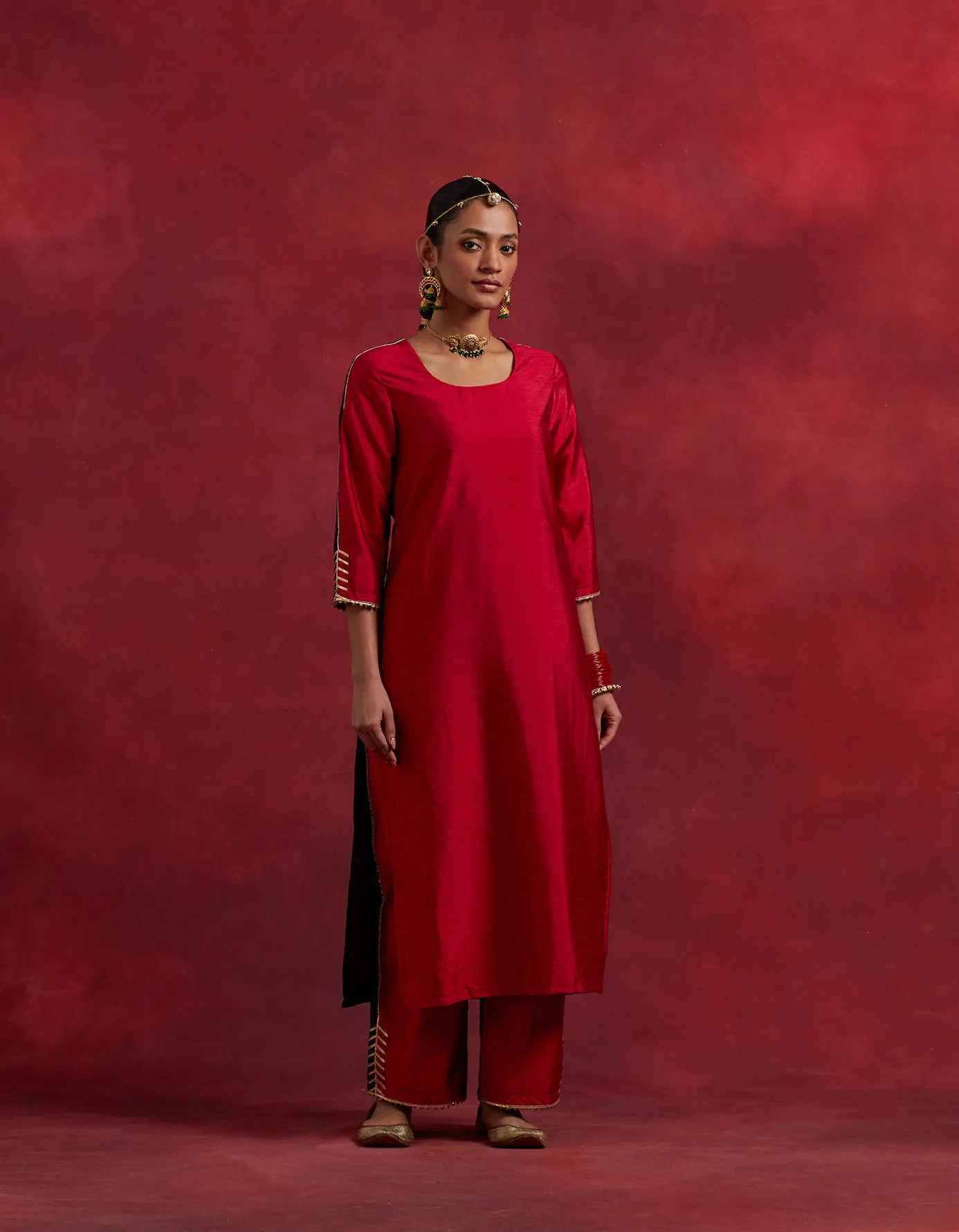 Red Black Raw Silk Half And Half Kurta Set (Set Of 3)