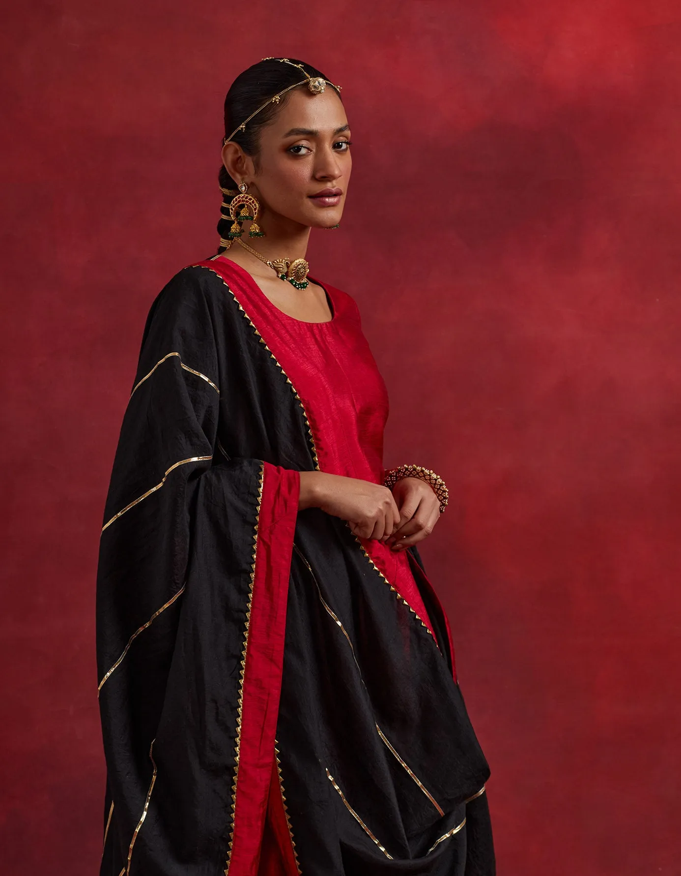 Red Black Raw Silk Half And Half Kurta Set (Set Of 3)