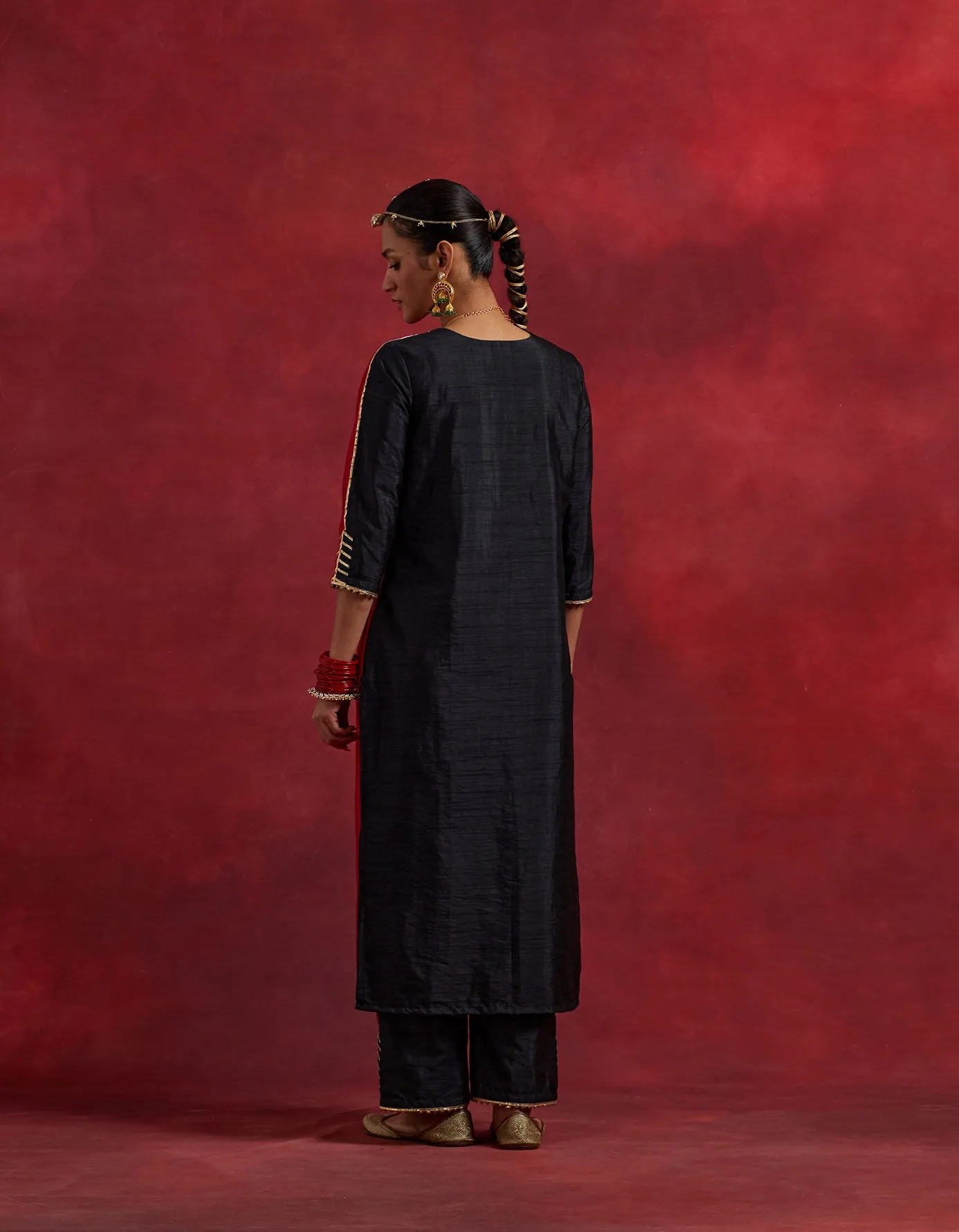 Red Black Raw Silk Half And Half Kurta Set (Set Of 3)