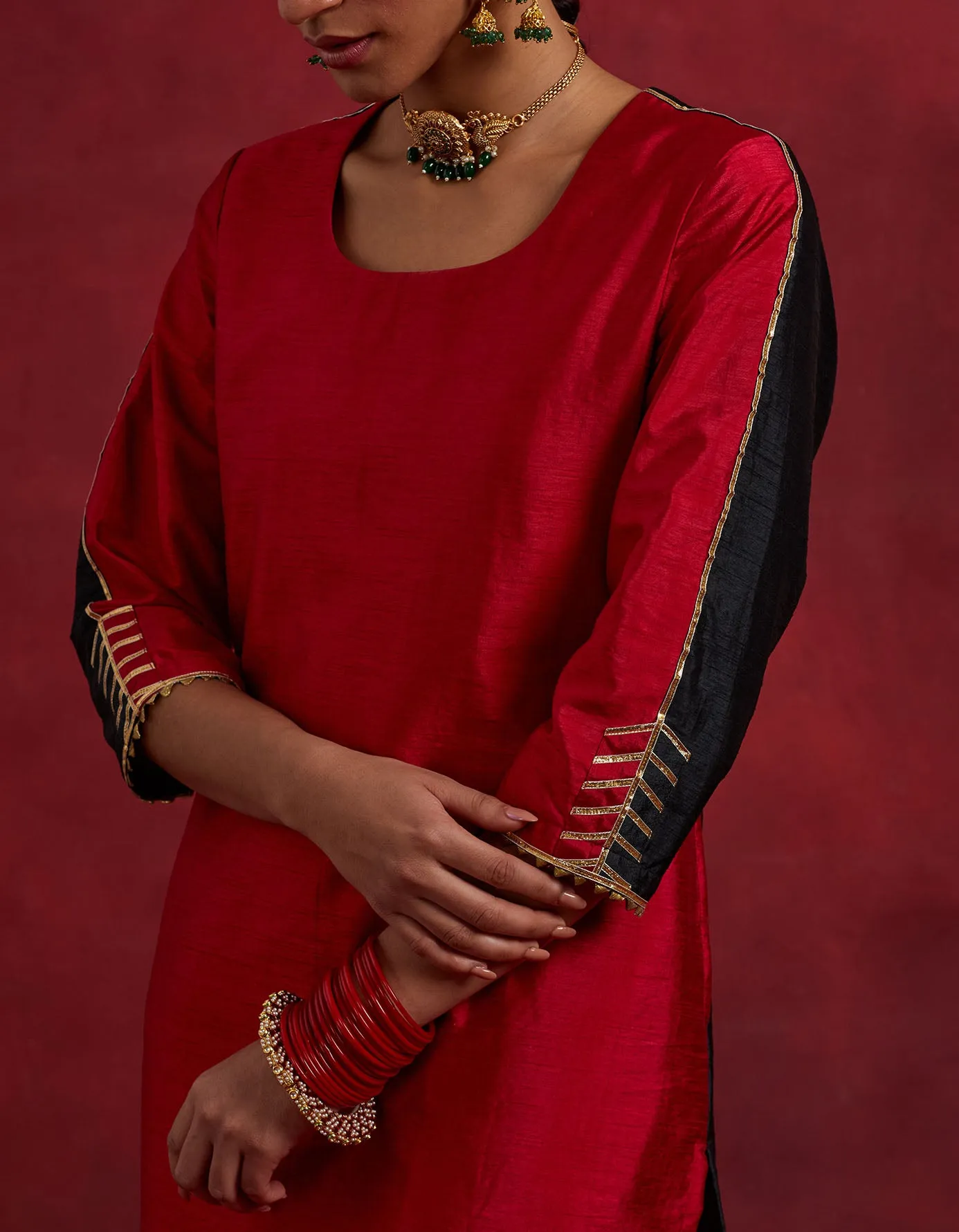 Red Black Raw Silk Half And Half Kurta Set (Set Of 3)