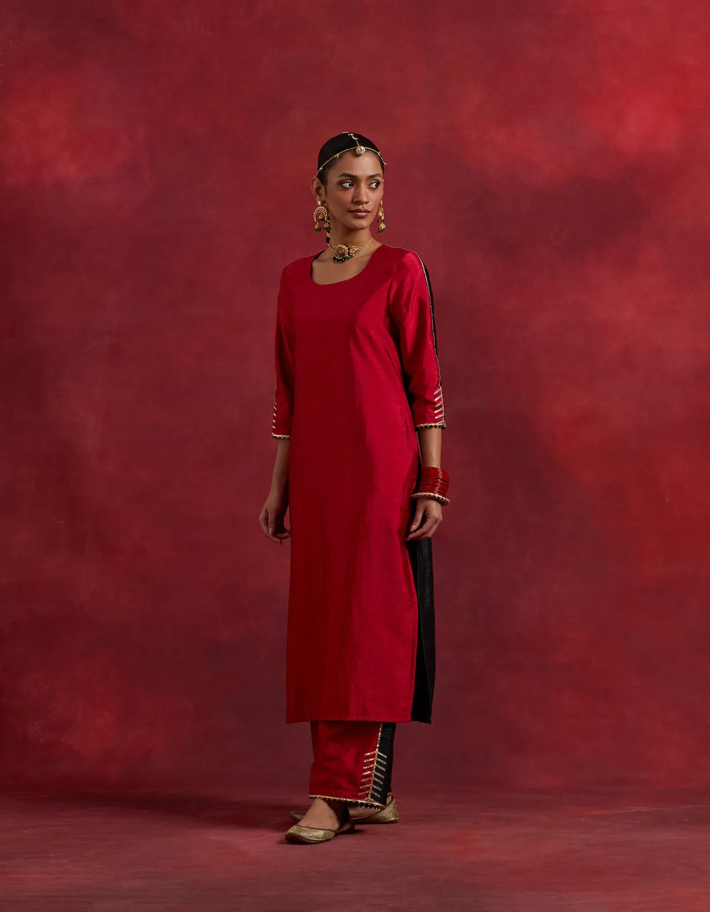 Red Black Raw Silk Half And Half Kurta Set (Set Of 3)