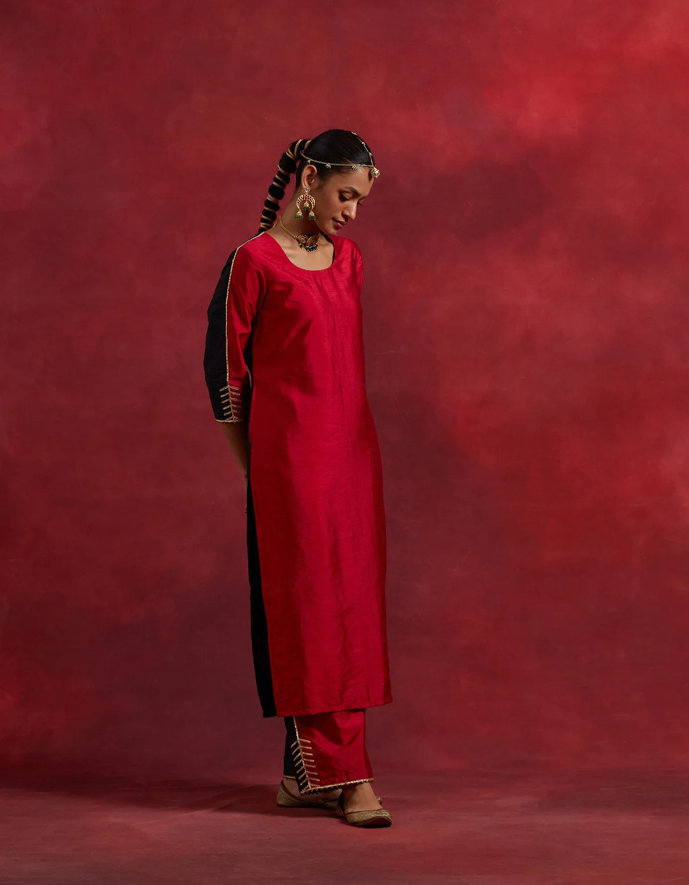 Red Black Raw Silk Half And Half Kurta Set (Set Of 3)