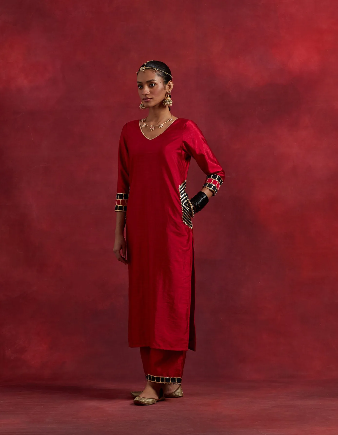 Red Black Raw Silk Mira Kurta Set (Set Of 2)