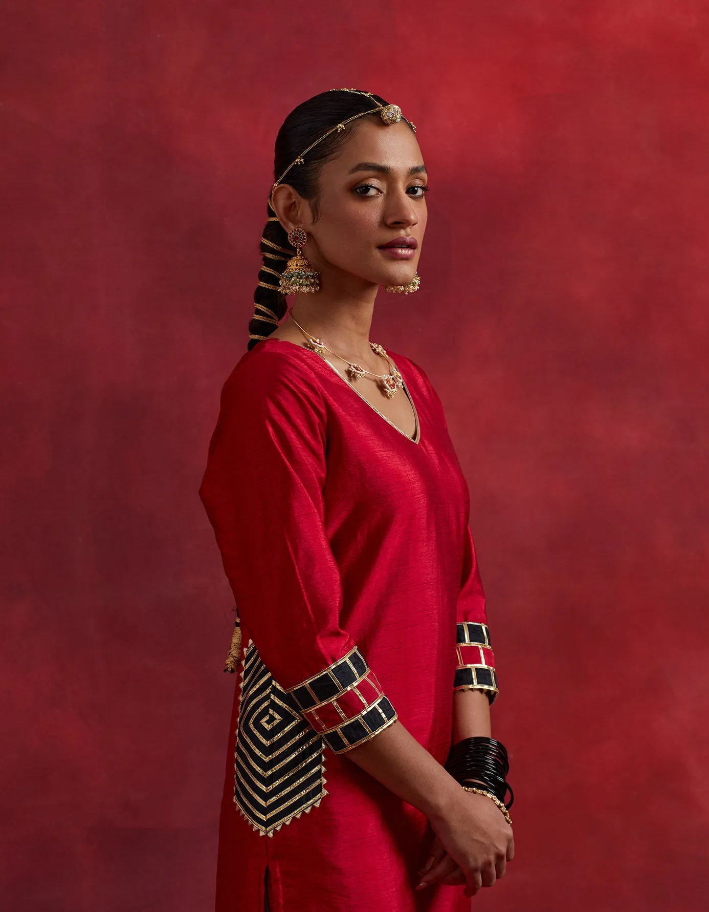 Red Black Raw Silk Mira Kurta Set (Set Of 2)