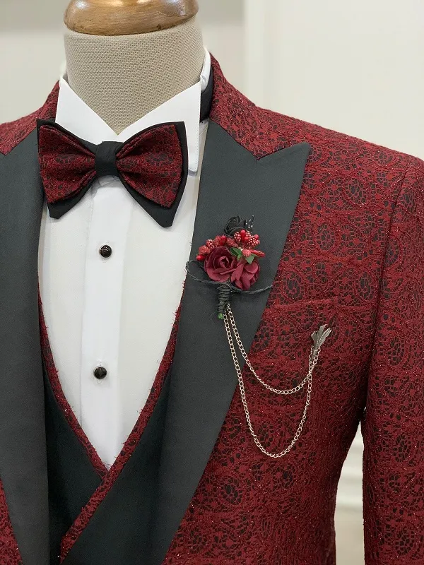 Red Slim Fit Groom Floral Tuxedo for Men by GentWith.com