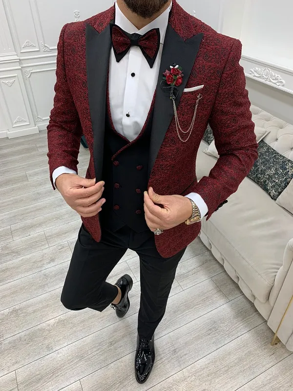 Red Slim Fit Groom Floral Tuxedo for Men by GentWith.com