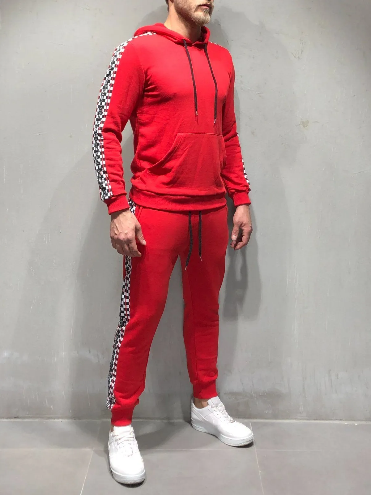 Red Tracksuit Checkered Stripe Details