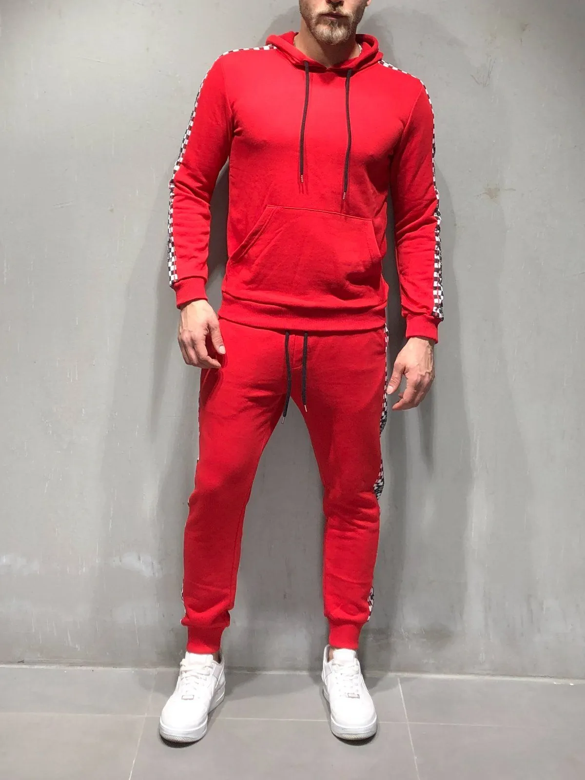 Red Tracksuit Checkered Stripe Details