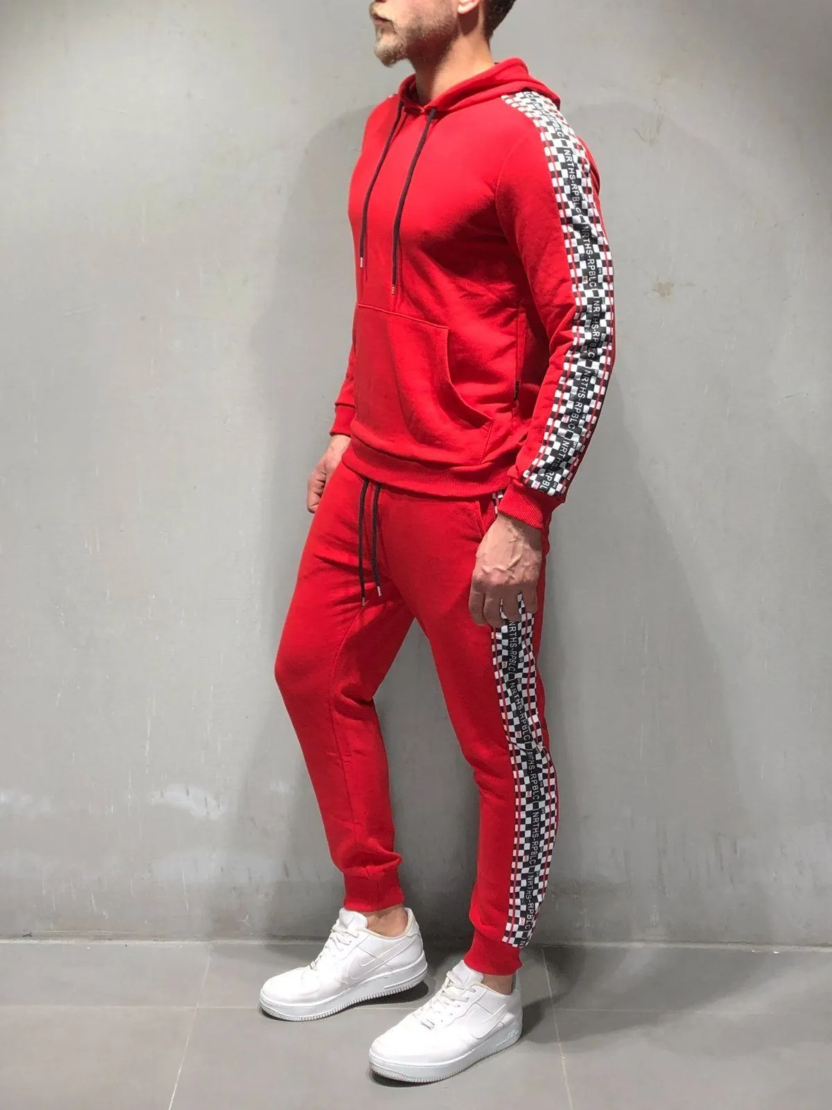 Red Tracksuit Checkered Stripe Details