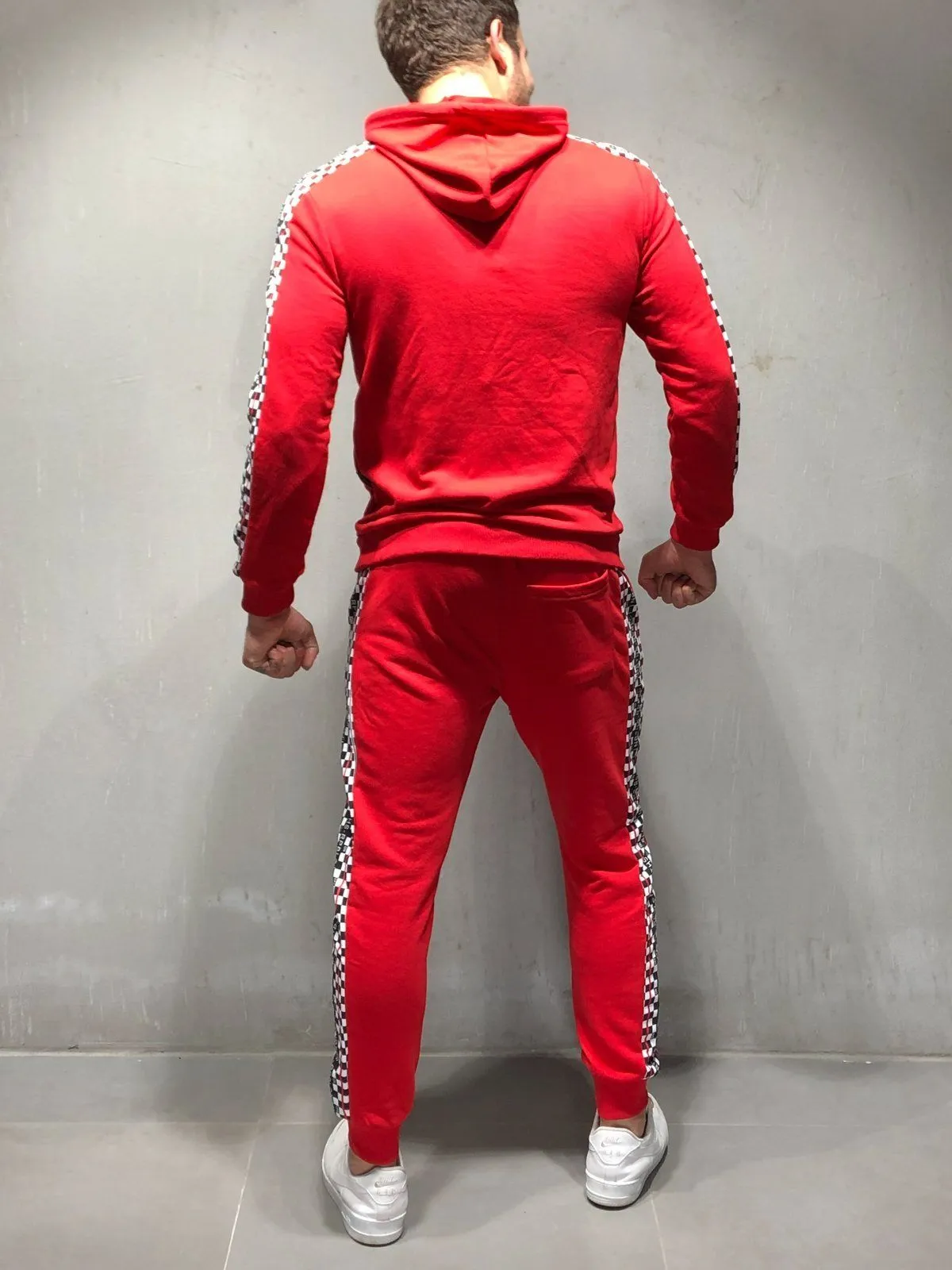 Red Tracksuit Checkered Stripe Details