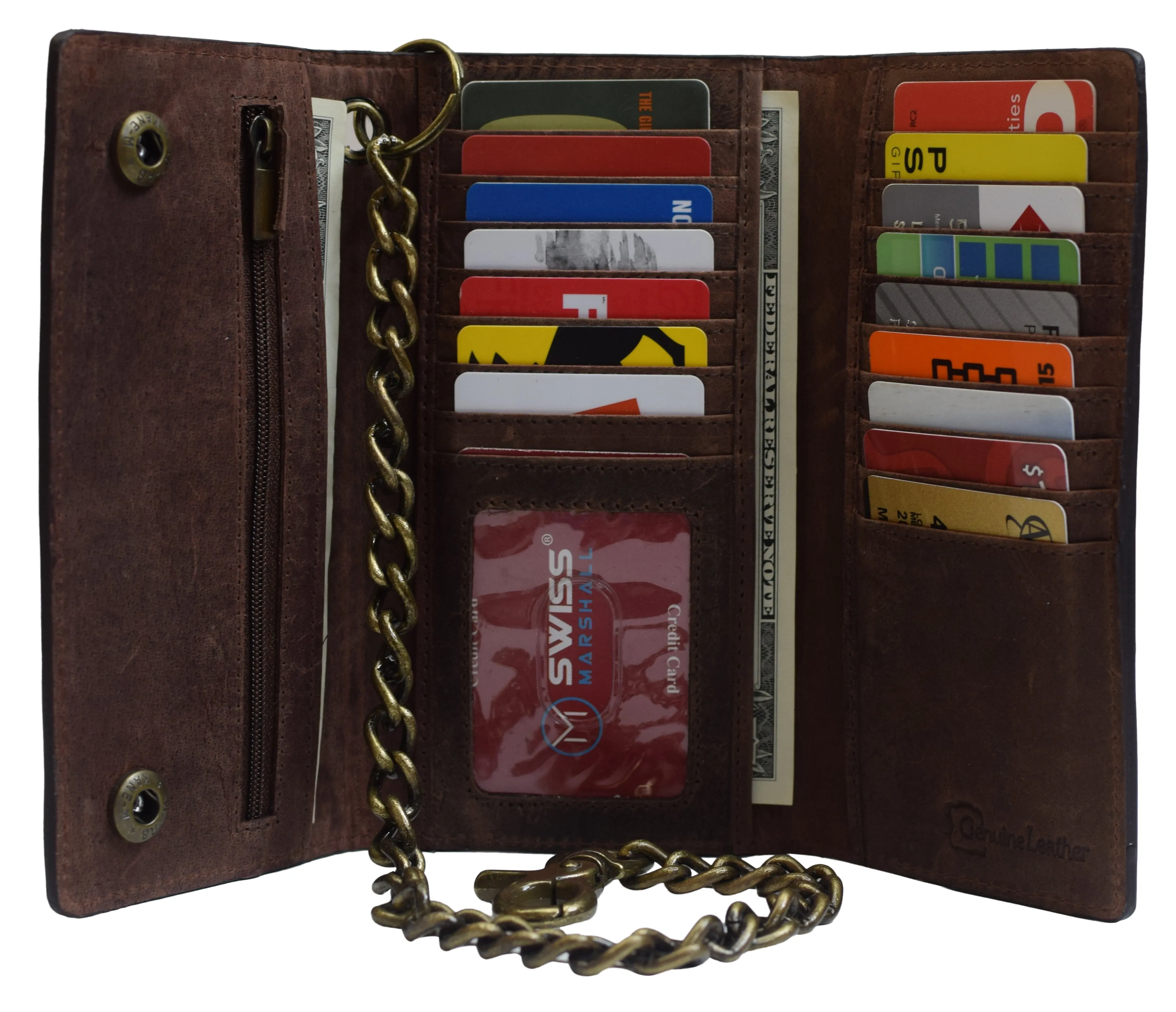 RFID Blocking Men's Biker Vintage Brown Genuine Leather Long Tri-fold Chain Wallet
