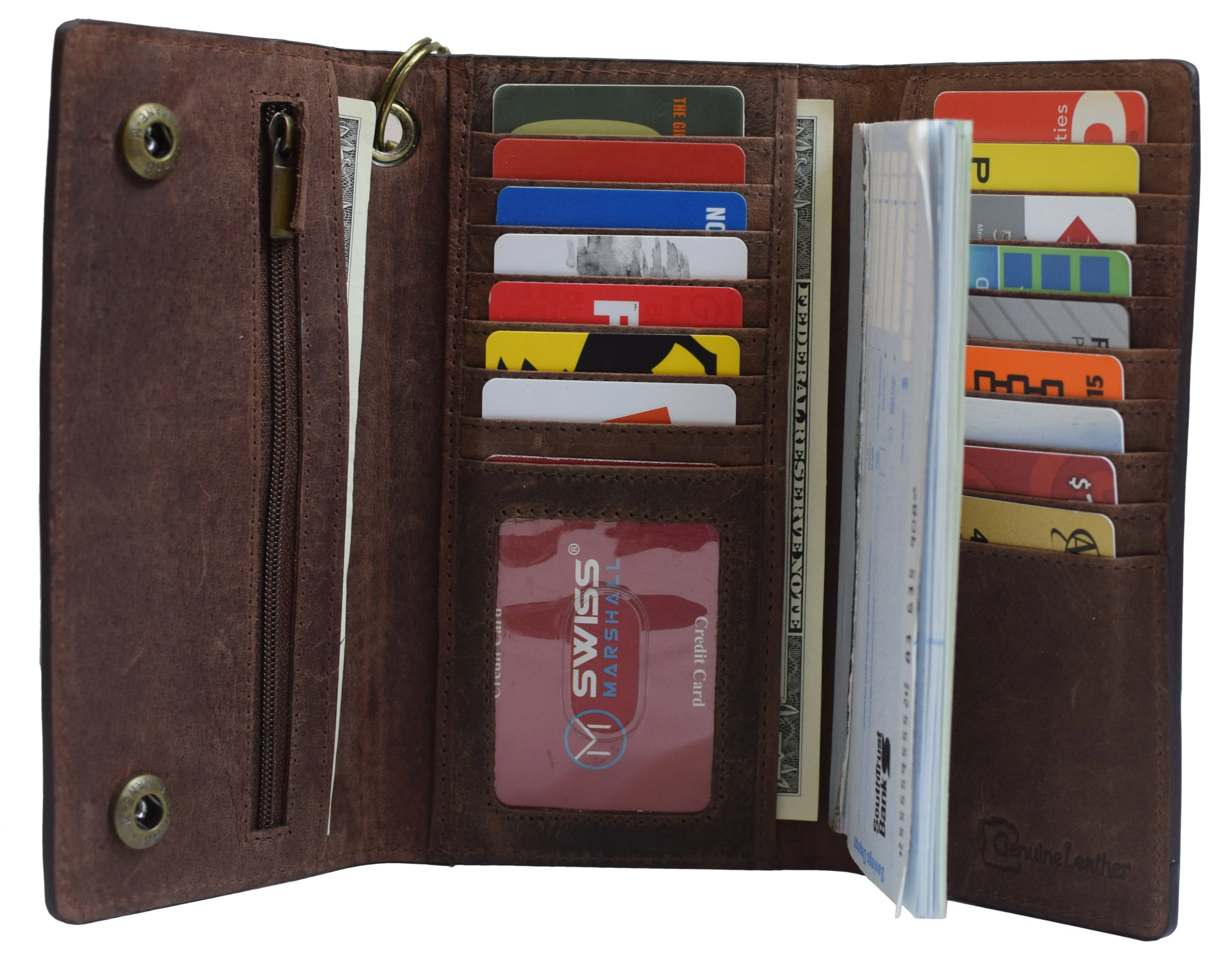 RFID Blocking Men's Biker Vintage Brown Genuine Leather Long Tri-fold Chain Wallet