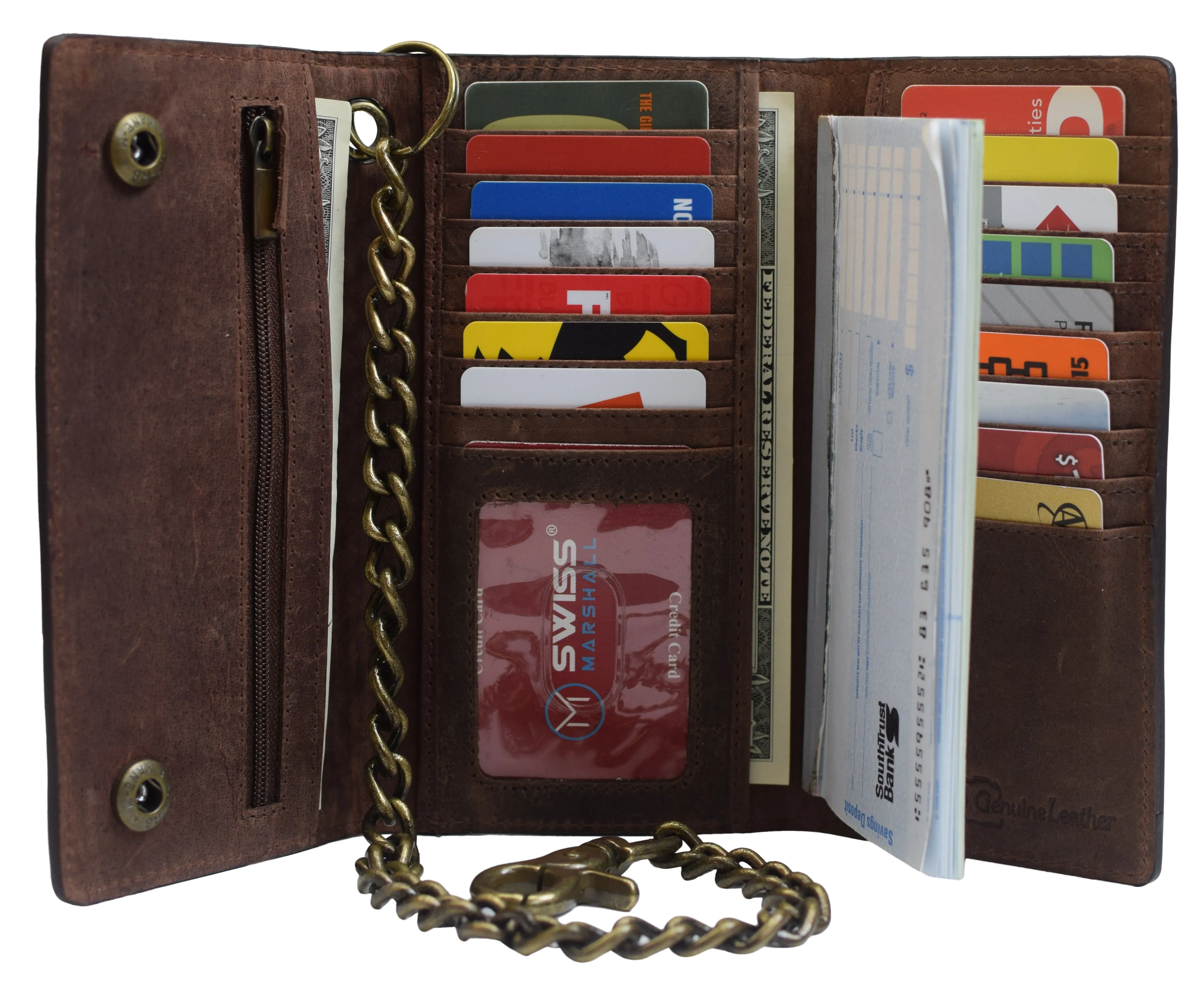 RFID Blocking Men's Biker Vintage Brown Genuine Leather Long Tri-fold Chain Wallet