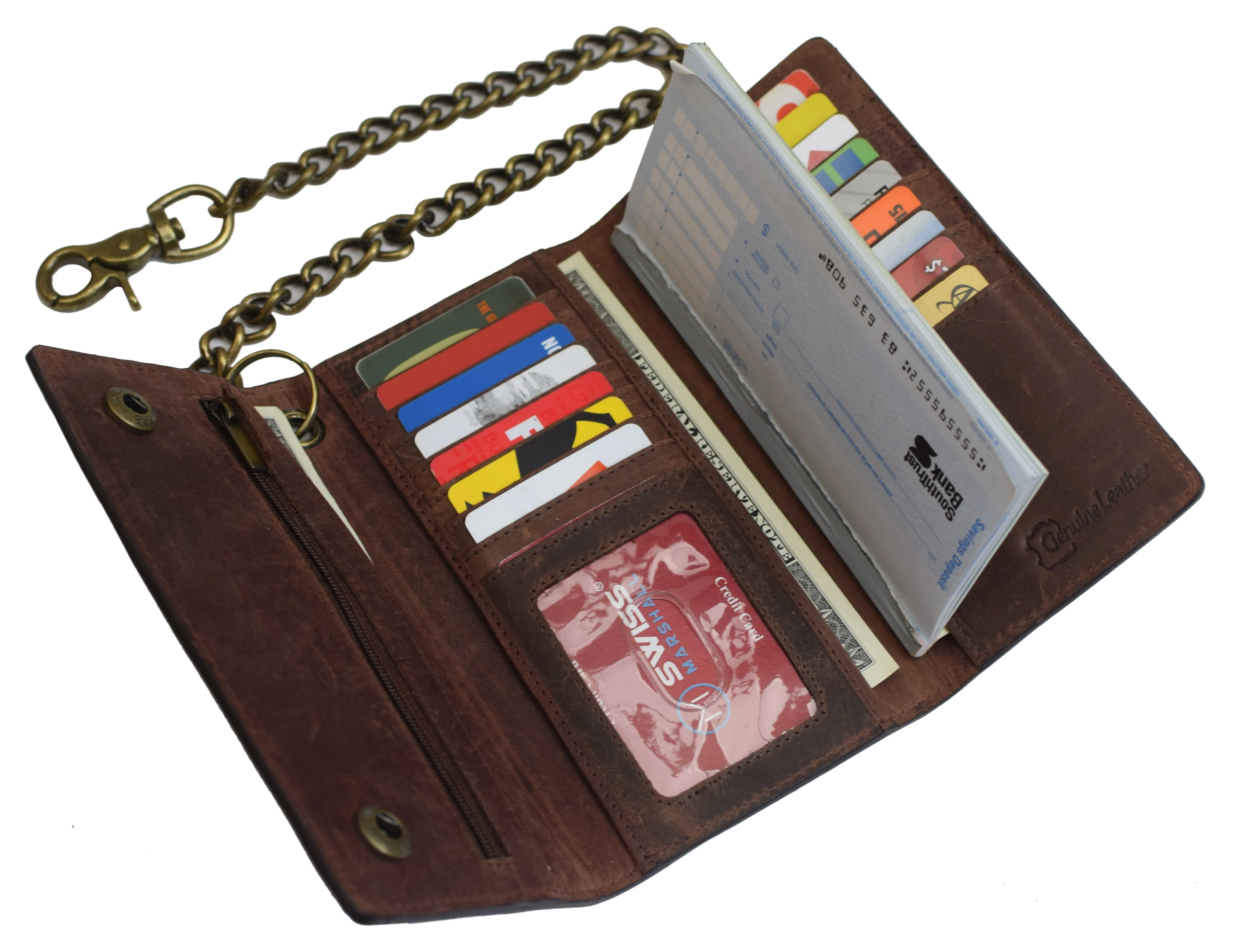 RFID Blocking Men's Biker Vintage Brown Genuine Leather Long Tri-fold Chain Wallet