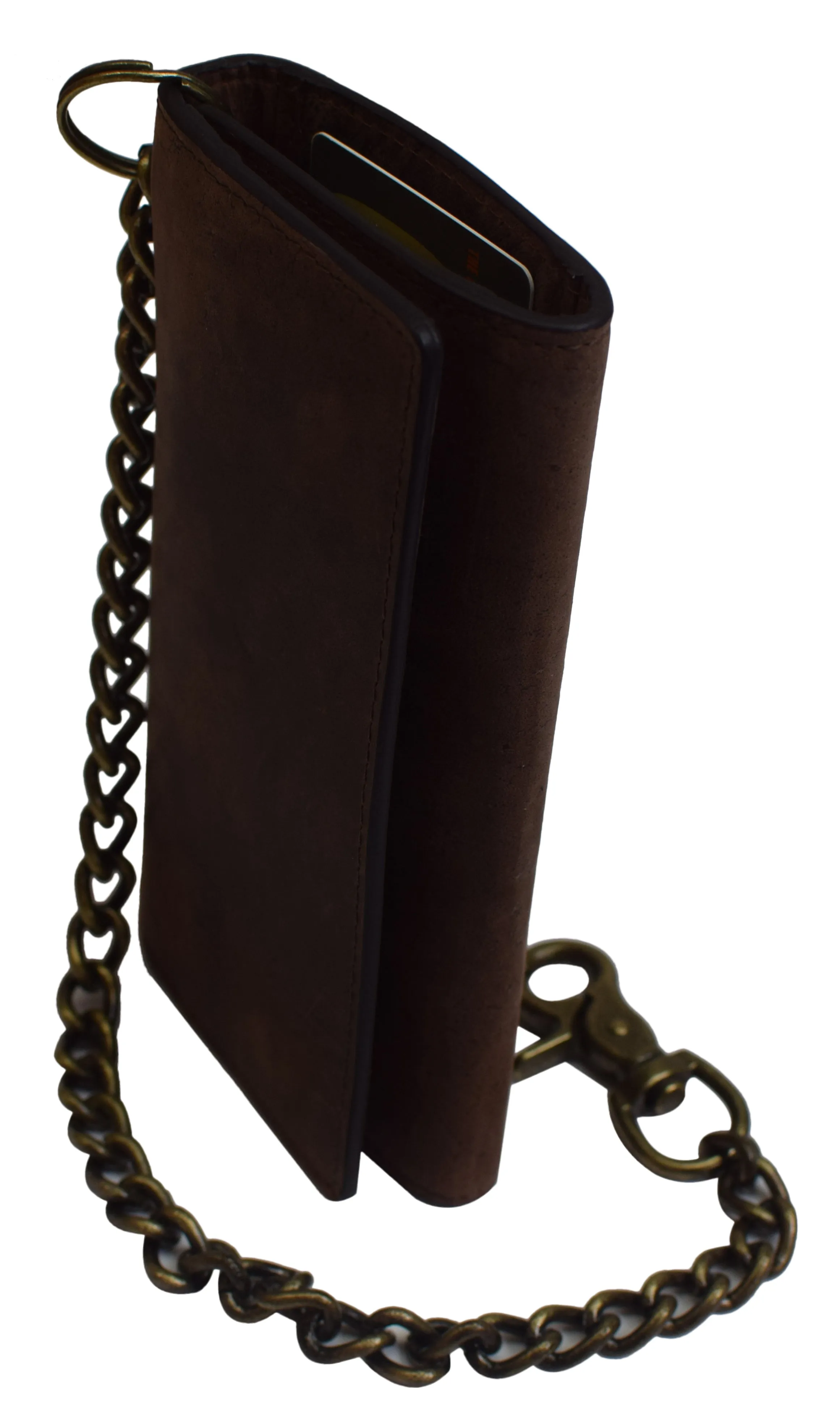 RFID Blocking Men's Biker Vintage Brown Genuine Leather Long Tri-fold Chain Wallet