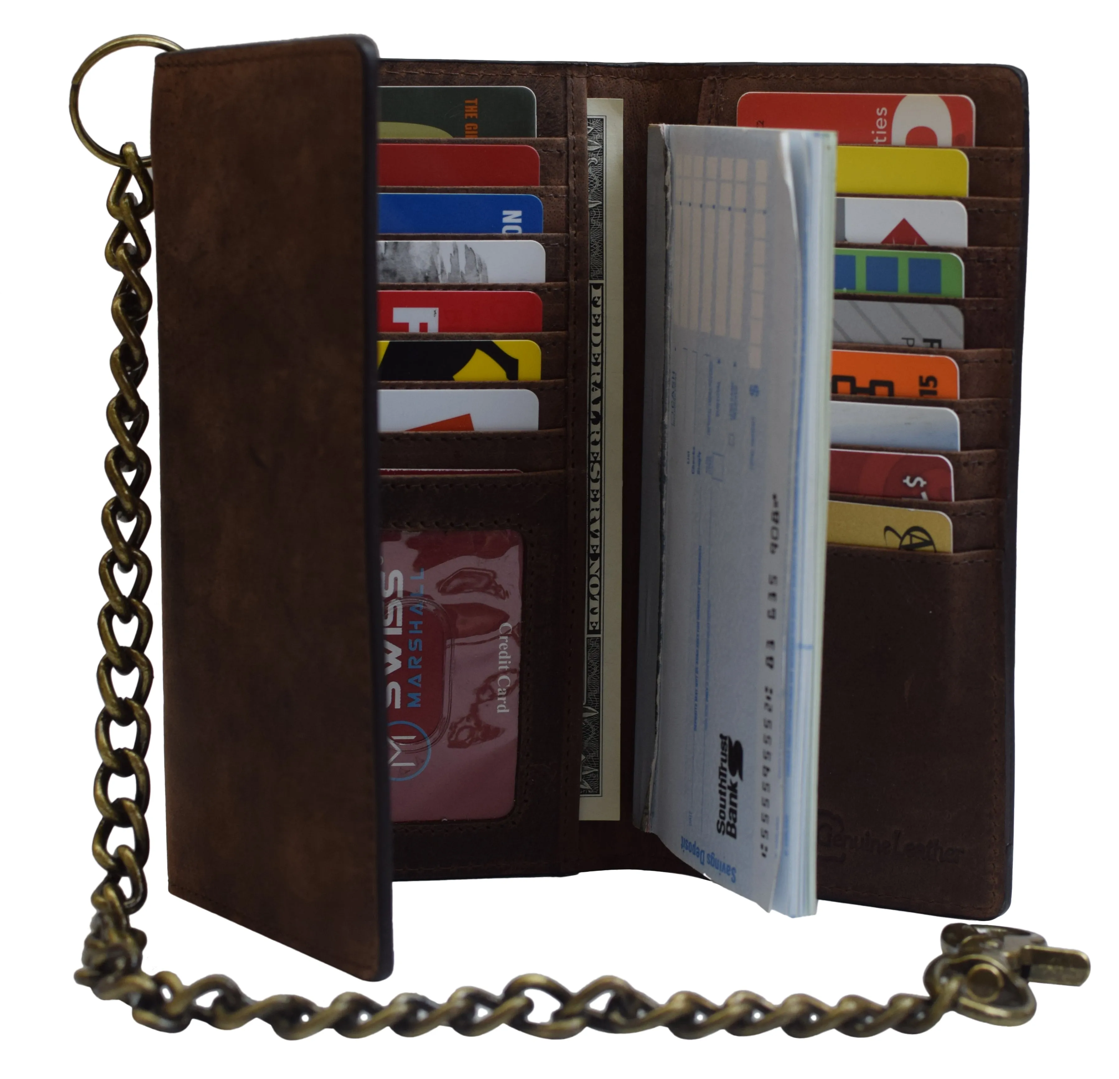 RFID Blocking Men's Biker Vintage Brown Genuine Leather Long Tri-fold Chain Wallet
