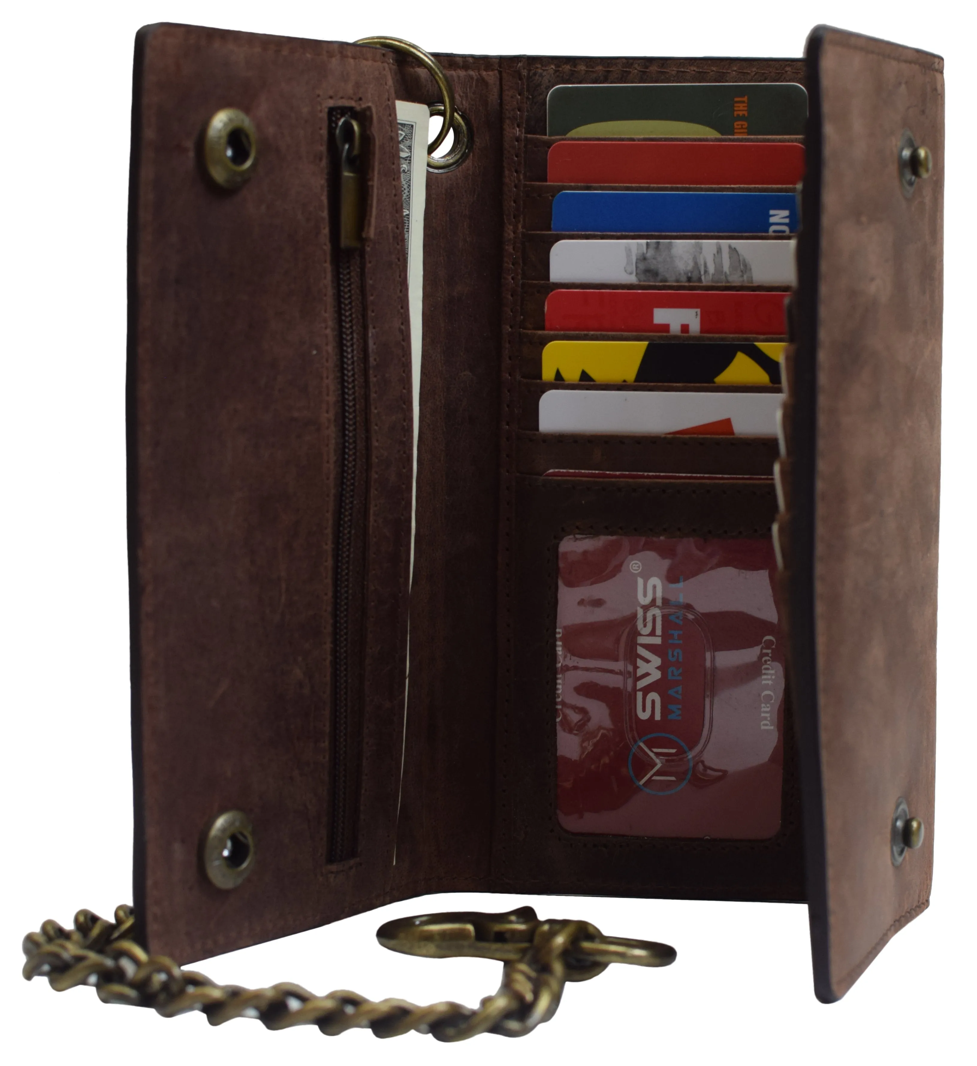 RFID Blocking Men's Biker Vintage Brown Genuine Leather Long Tri-fold Chain Wallet