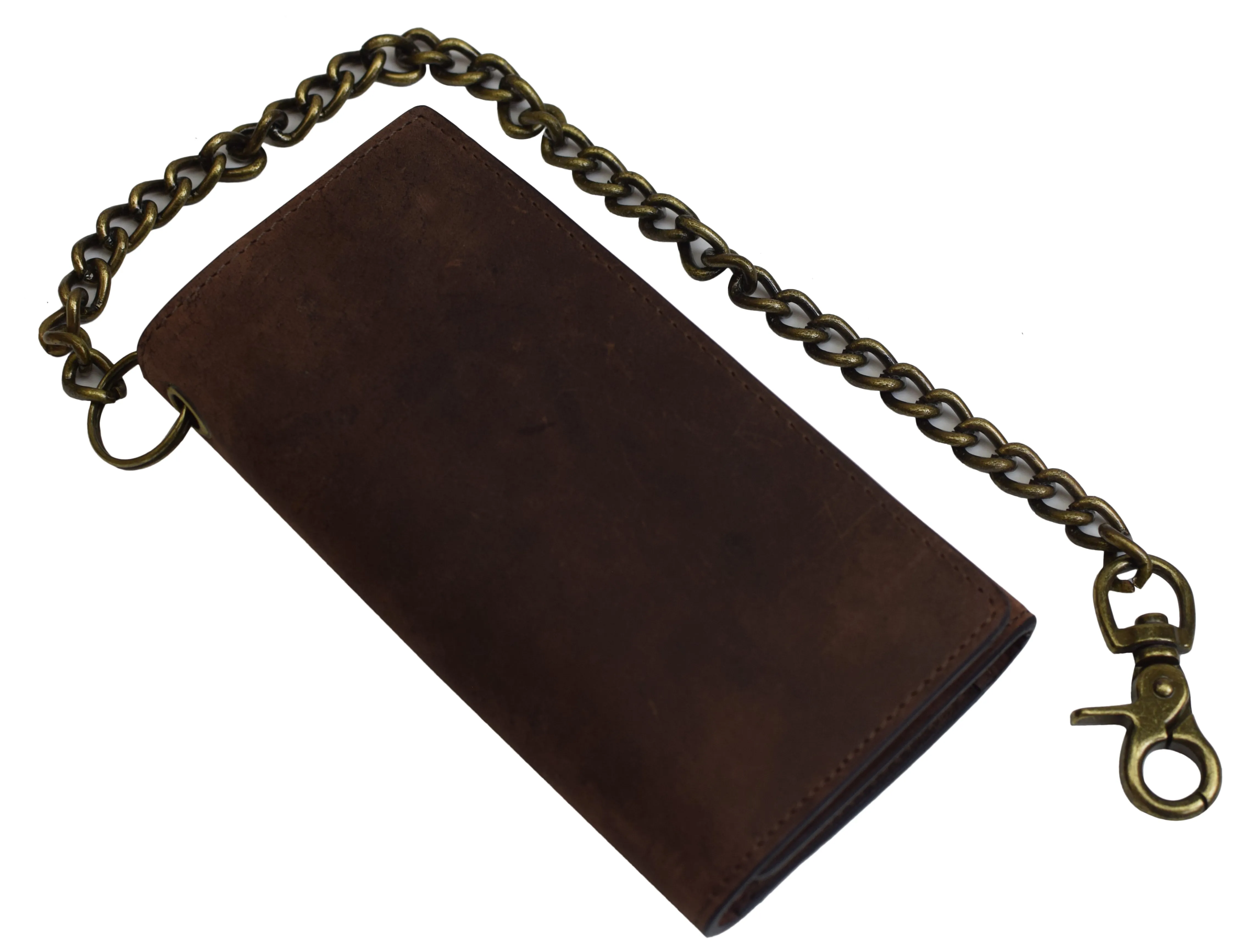 RFID Blocking Men's Biker Vintage Brown Genuine Leather Long Tri-fold Chain Wallet