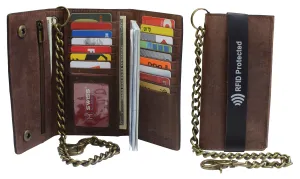 RFID Blocking Men's Biker Vintage Brown Genuine Leather Long Tri-fold Chain Wallet