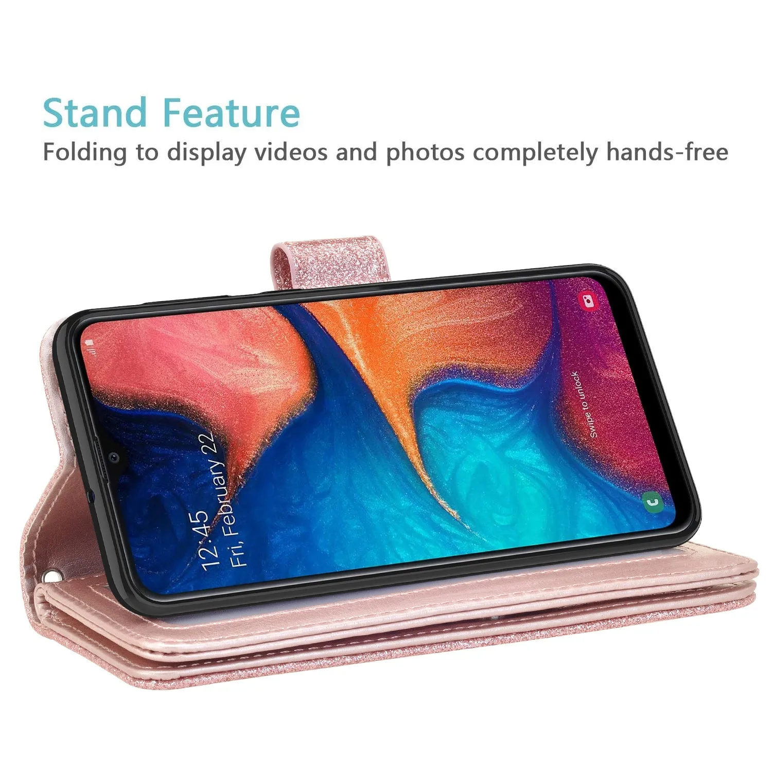 Samsung Galaxy A20 Case, Galaxy A20 Case, Glitter Faux Leather Flip Credit Card Holder Wrist Strap Shockproof Protective Wallet Case Clutch for Galaxy A20 - Rose Gold