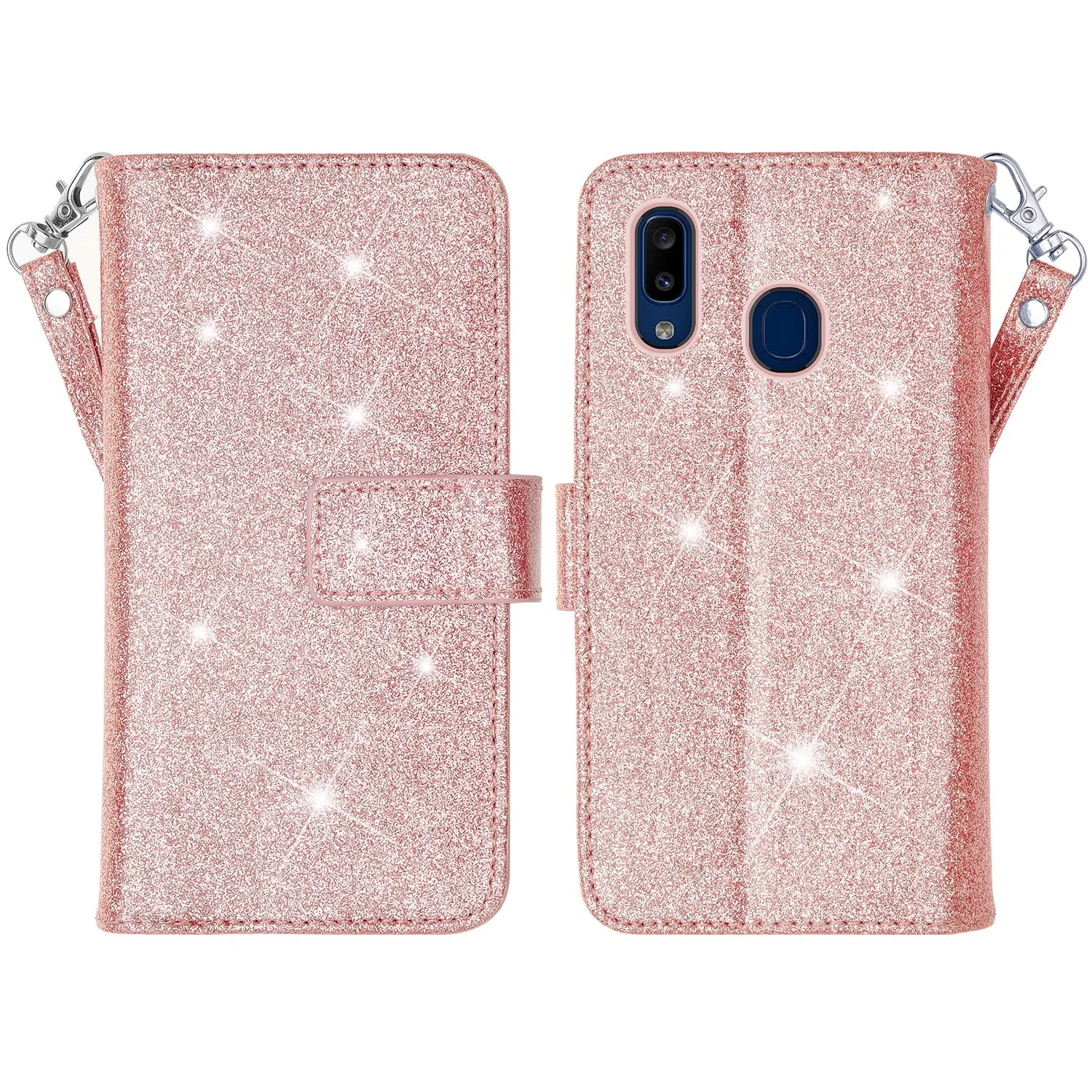 Samsung Galaxy A20 Case, Galaxy A20 Case, Glitter Faux Leather Flip Credit Card Holder Wrist Strap Shockproof Protective Wallet Case Clutch for Galaxy A20 - Rose Gold