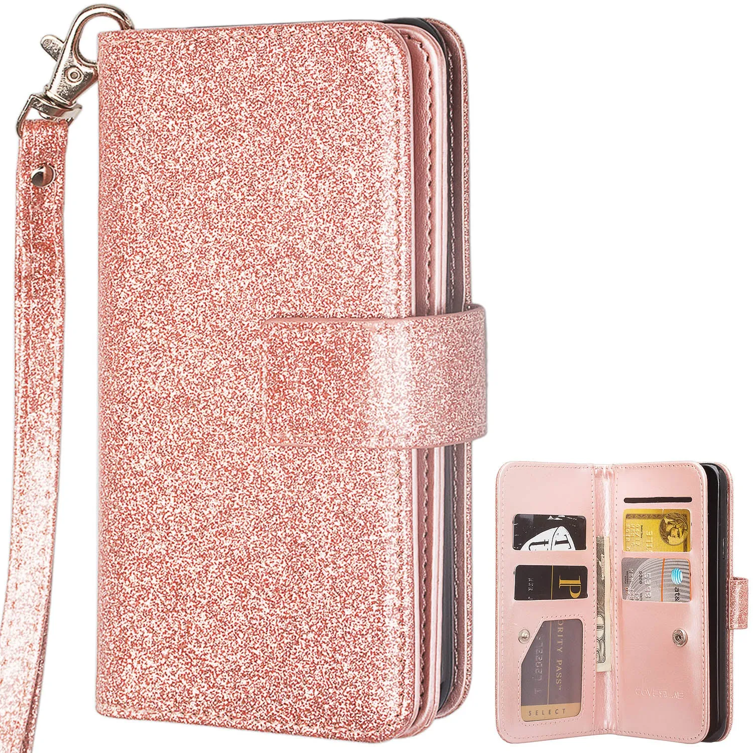 Samsung Galaxy A20 Case, Galaxy A20 Case, Glitter Faux Leather Flip Credit Card Holder Wrist Strap Shockproof Protective Wallet Case Clutch for Galaxy A20 - Rose Gold