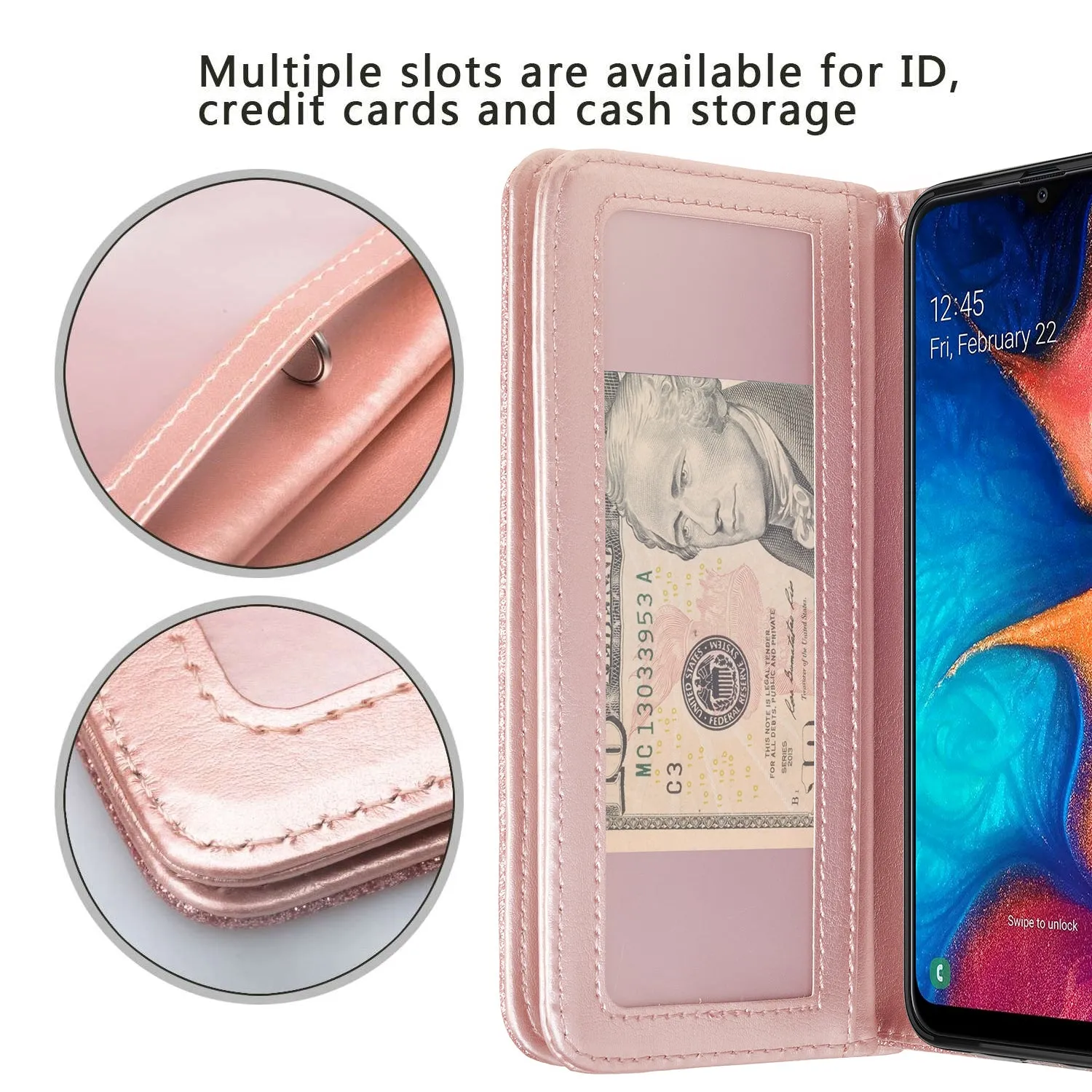 Samsung Galaxy A20 Case, Galaxy A20 Case, Glitter Faux Leather Flip Credit Card Holder Wrist Strap Shockproof Protective Wallet Case Clutch for Galaxy A20 - Rose Gold