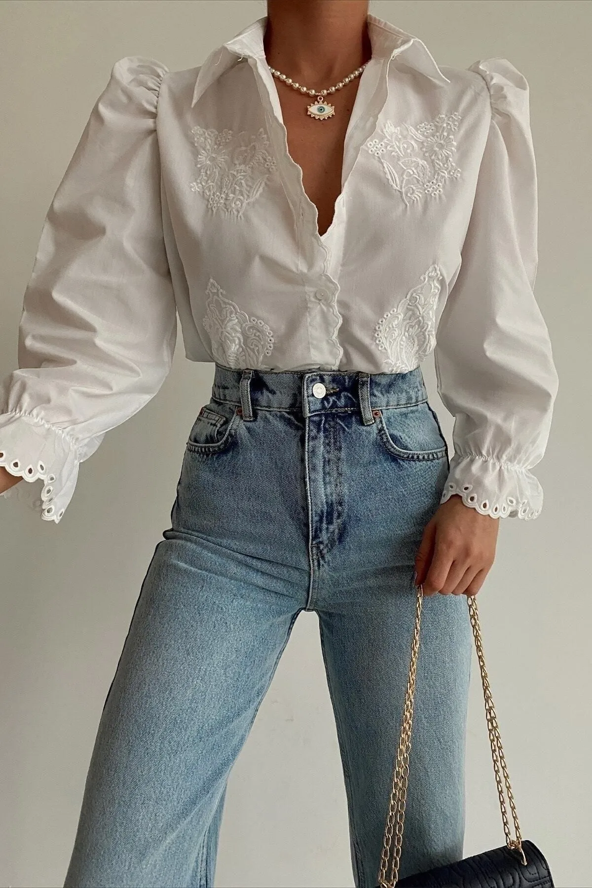 Scallop Detailed Princess 3/4 Sleeve White Shirt