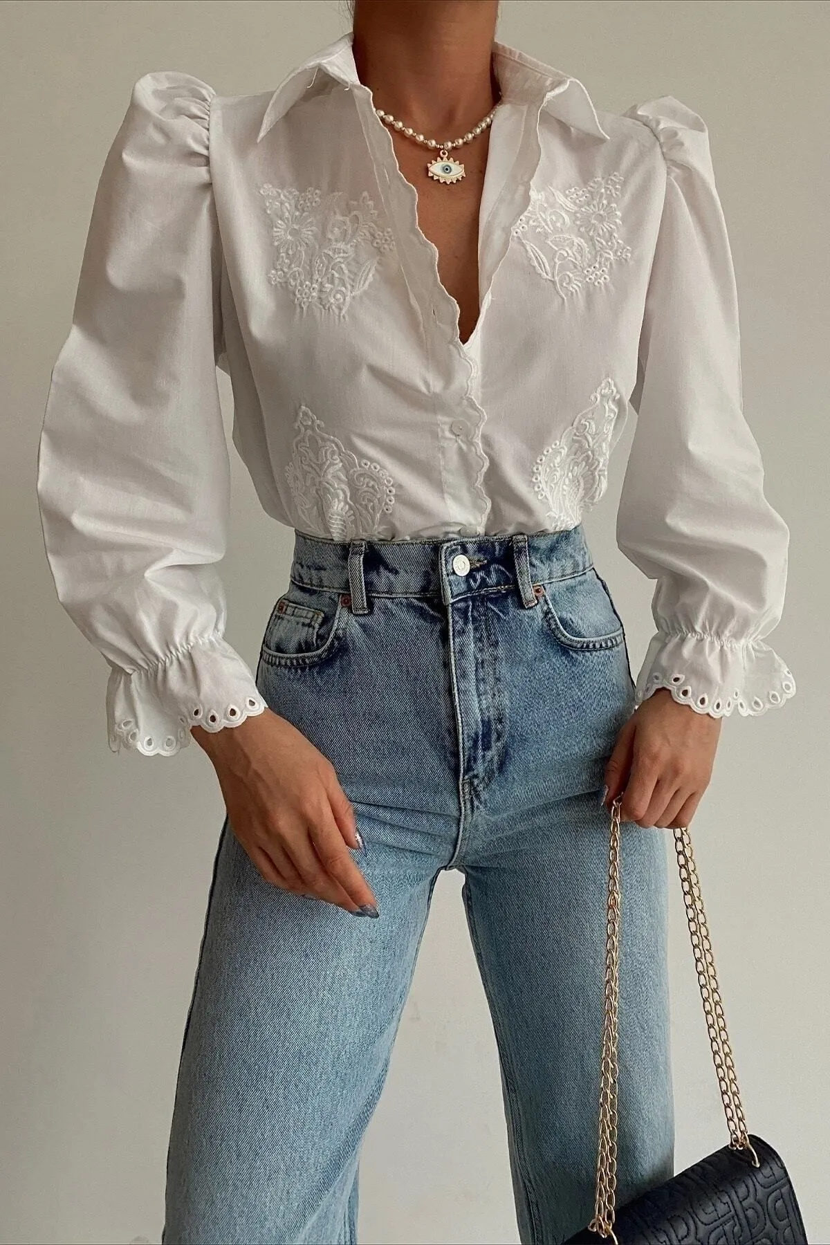 Scallop Detailed Princess 3/4 Sleeve White Shirt