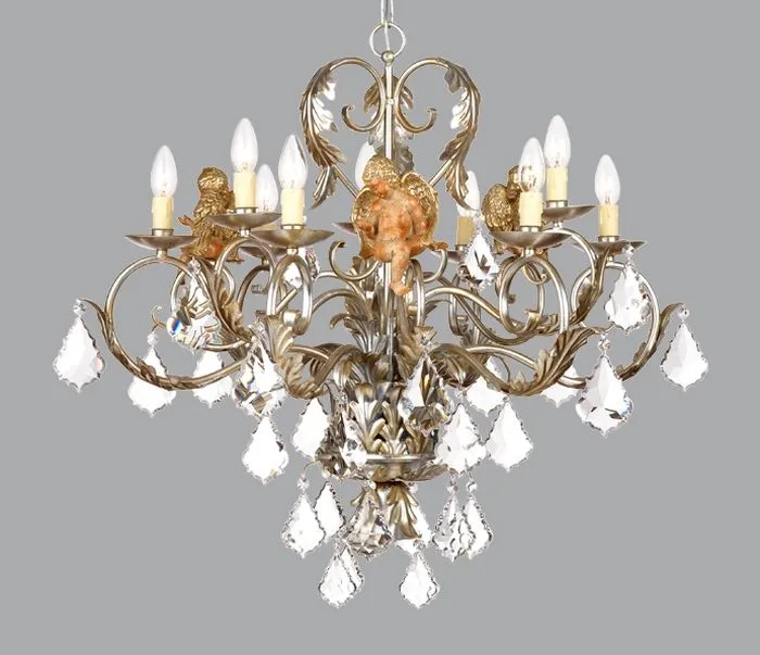 Silver Metal Chandelier with Wooden Angel & premium Elements