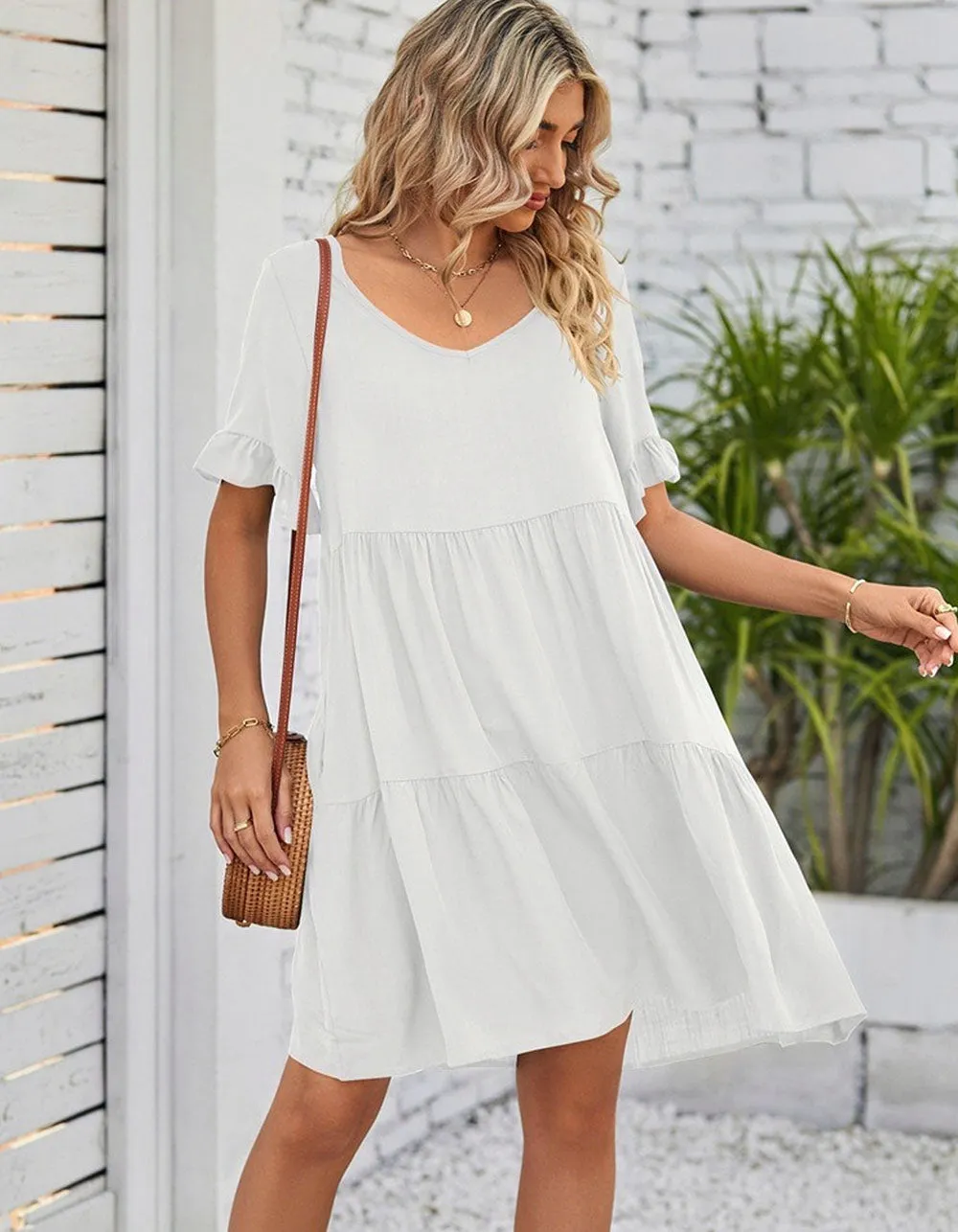 Solid-color Plain V Neck Short Sleeve Midi A-Line Dresses