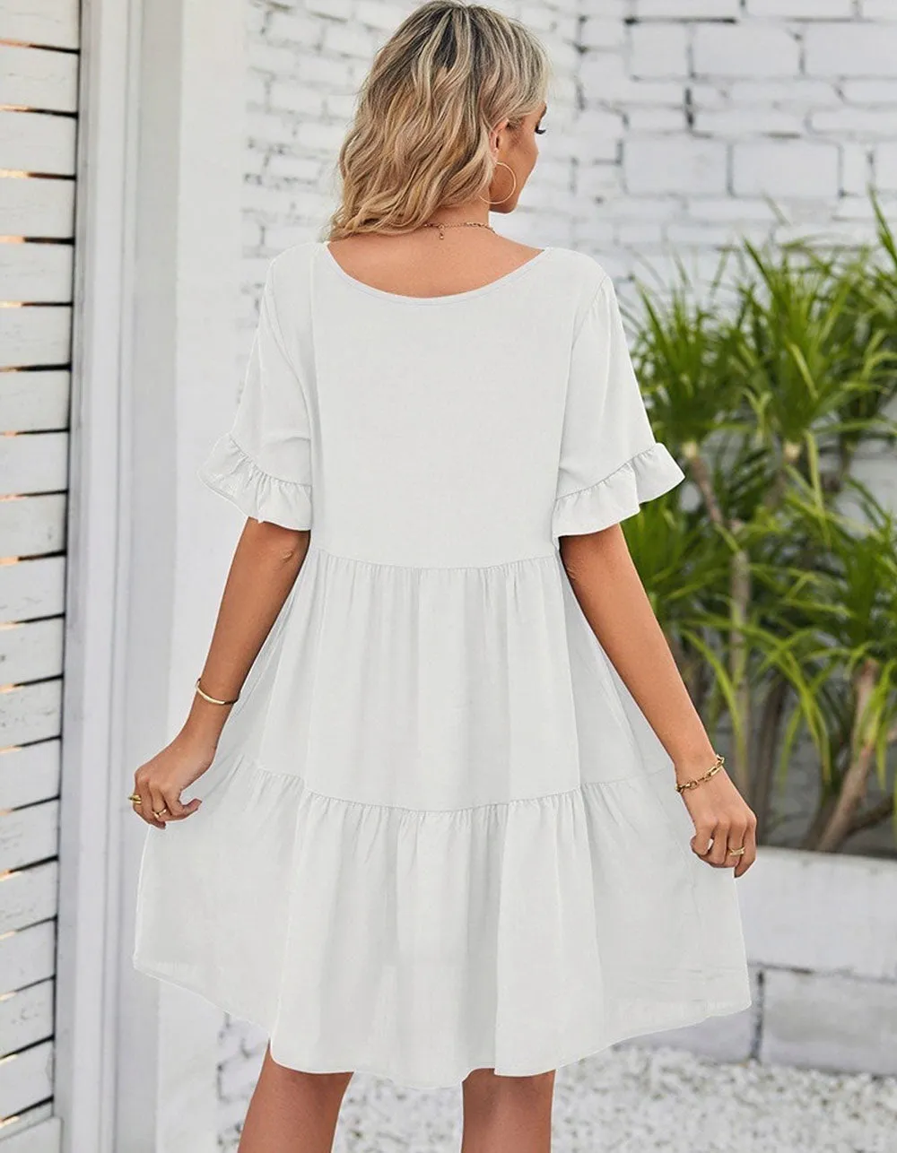 Solid-color Plain V Neck Short Sleeve Midi A-Line Dresses