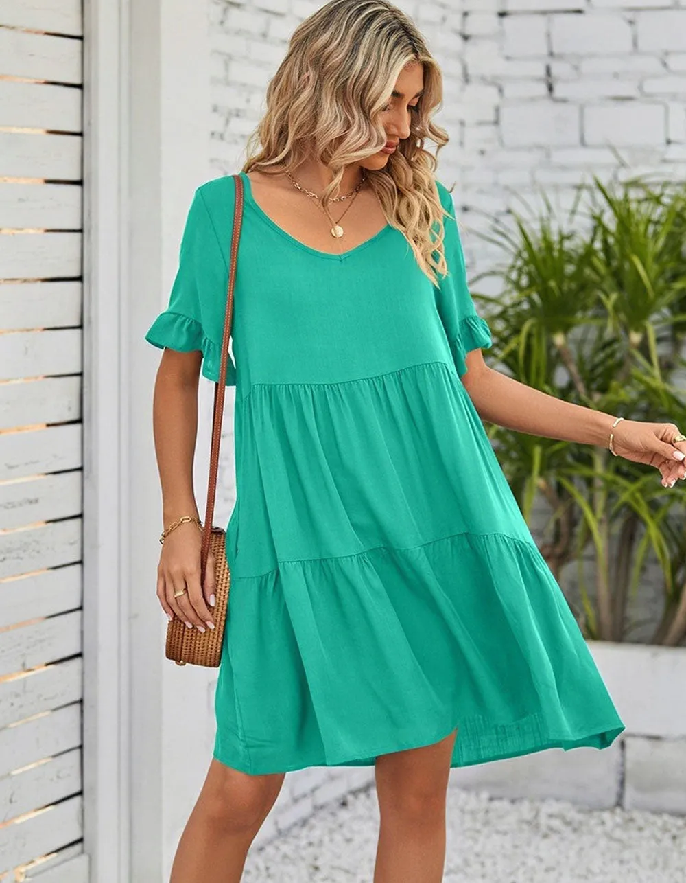 Solid-color Plain V Neck Short Sleeve Midi A-Line Dresses