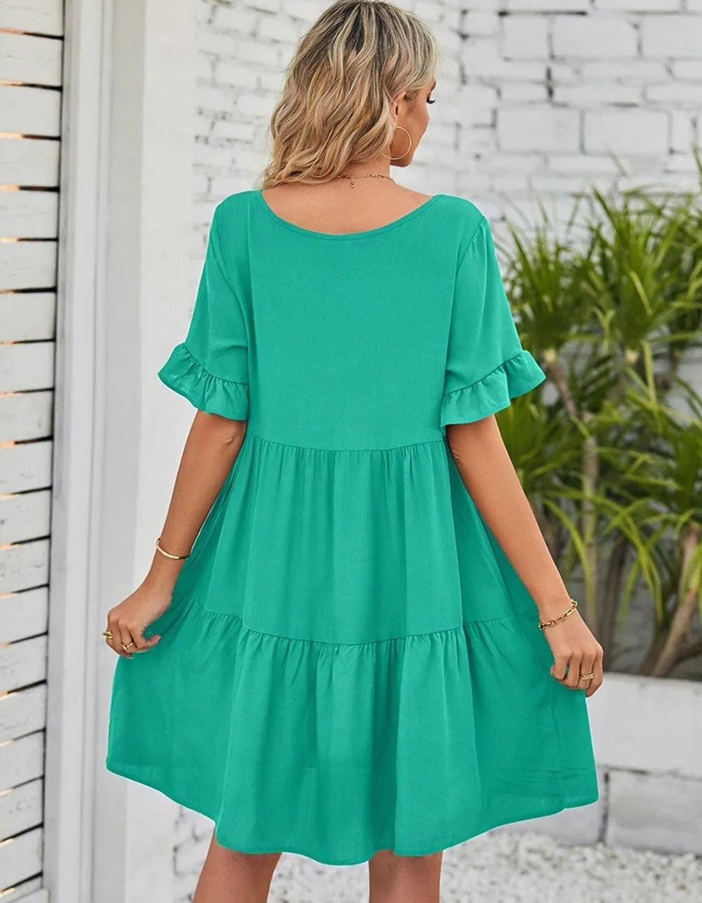 Solid-color Plain V Neck Short Sleeve Midi A-Line Dresses