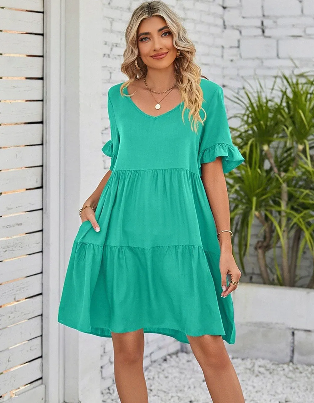 Solid-color Plain V Neck Short Sleeve Midi A-Line Dresses