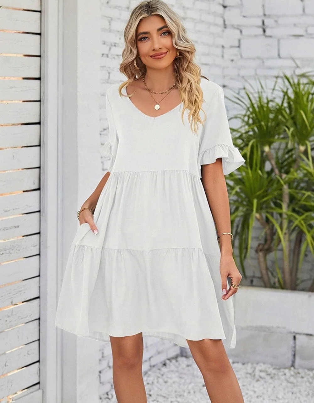 Solid-color Plain V Neck Short Sleeve Midi A-Line Dresses