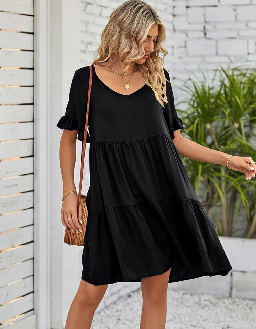 Solid-color Plain V Neck Short Sleeve Midi A-Line Dresses