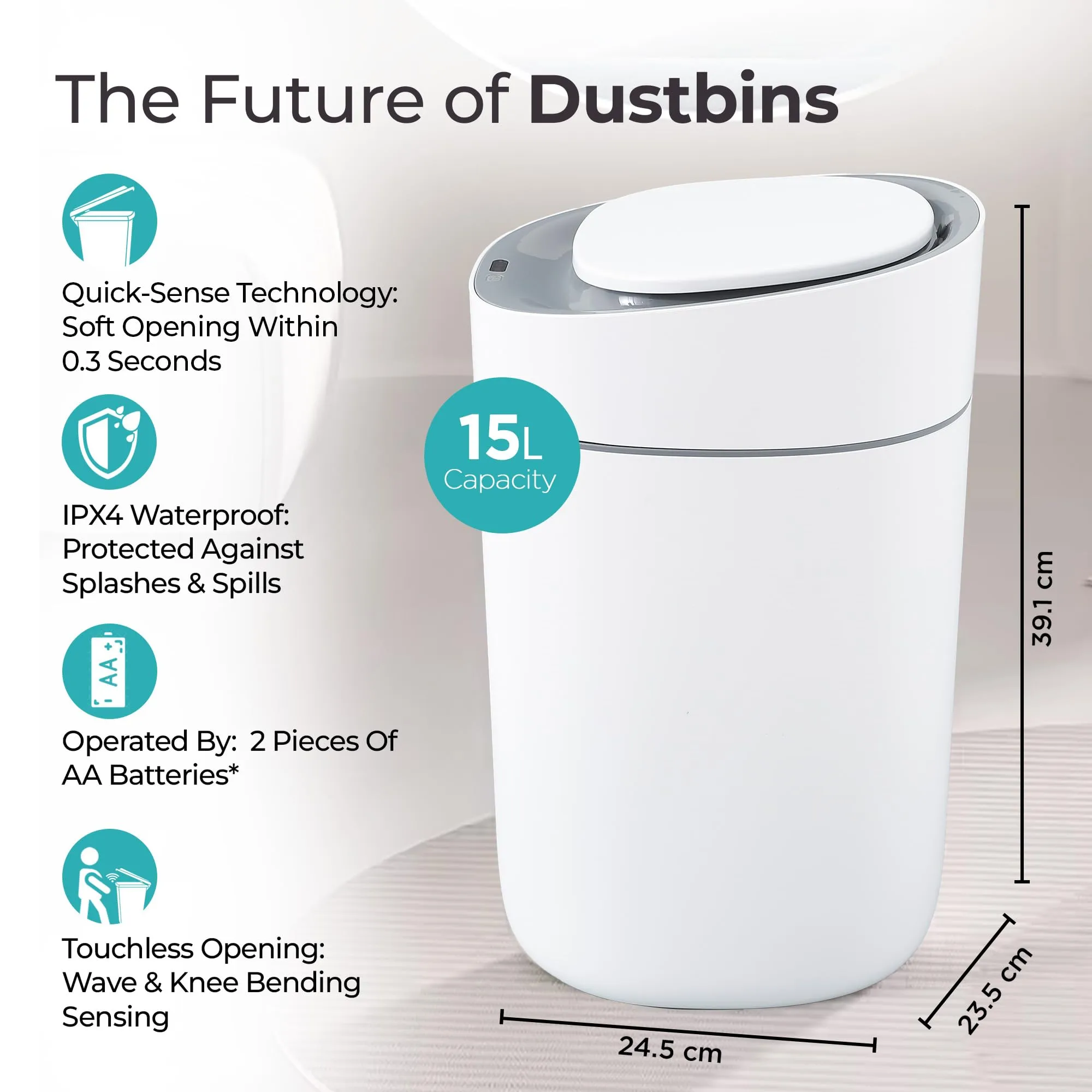 The Better Home 15L Automatic Smart Sensor Dustbin With Lid | Small Dustbin For Kitchen | Plastic Dustbin For Bathroom | Dustbin For Bedroom & Office | Waterproof | White