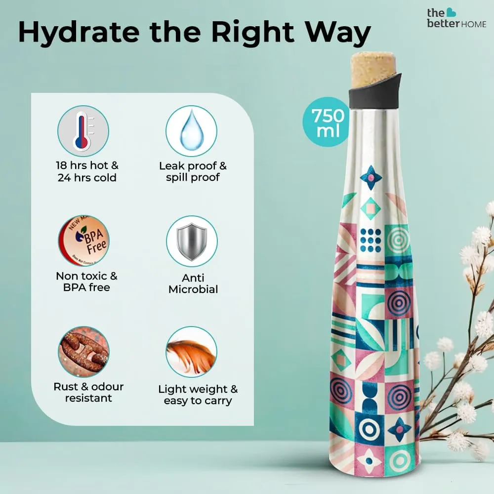 The Better Home 750ml Insulated Stainless Steel Water Bottle With Cork Cap | 8 Hot / 12 Cold | Hot And Cold Water For Office School Gym | Airtight Leak Proof BPA Free | Geometric Design