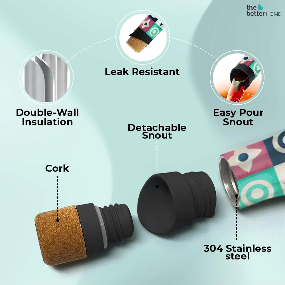 The Better Home 750ml Insulated Stainless Steel Water Bottle With Cork Cap | 8 Hot / 12 Cold | Hot And Cold Water For Office School Gym | Airtight Leak Proof BPA Free | Geometric Design